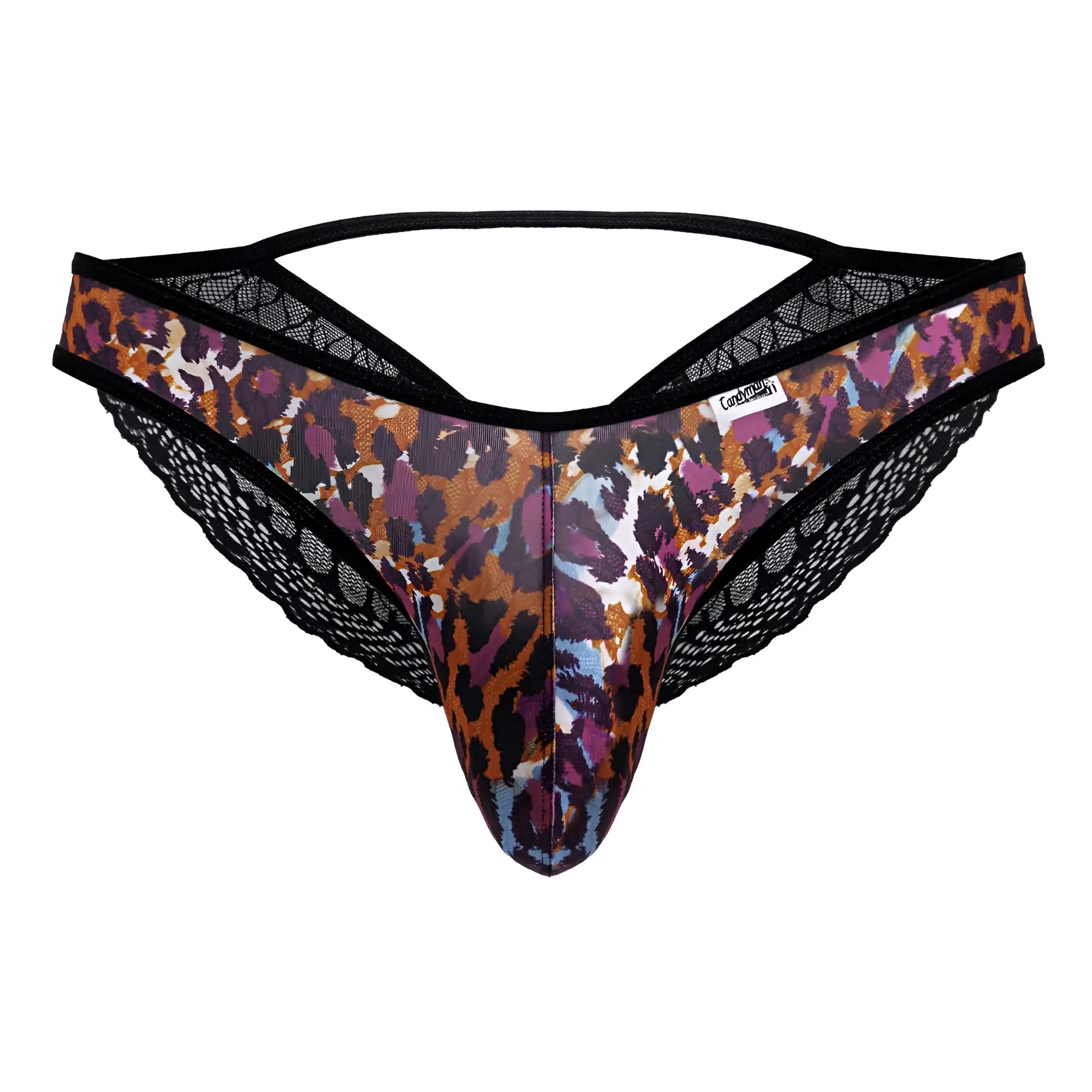 A mens thong CandyMan 99876 leopard briefs with multicolored animal print and black lace trim front panel