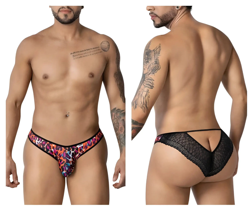 Candyman 99876 leopard briefs featuring vibrant animal print front and black lace sheer mesh back detailing