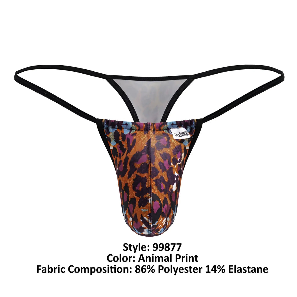 A men’s CandyMan 99877 leopard thong with orange brown and purple animal print and black elastic straps