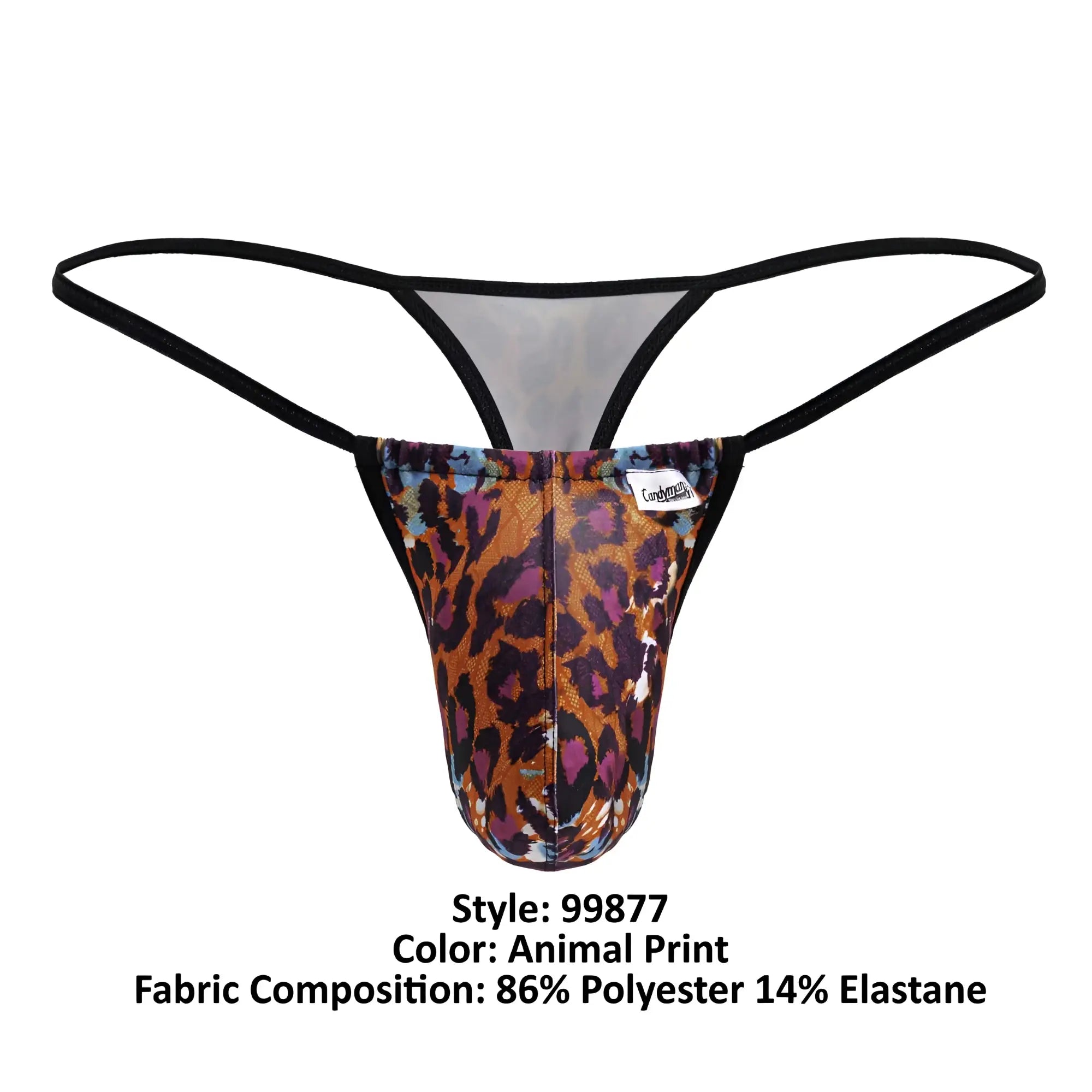 A men’s CandyMan 99877 leopard thong with orange brown and purple animal print and black elastic straps