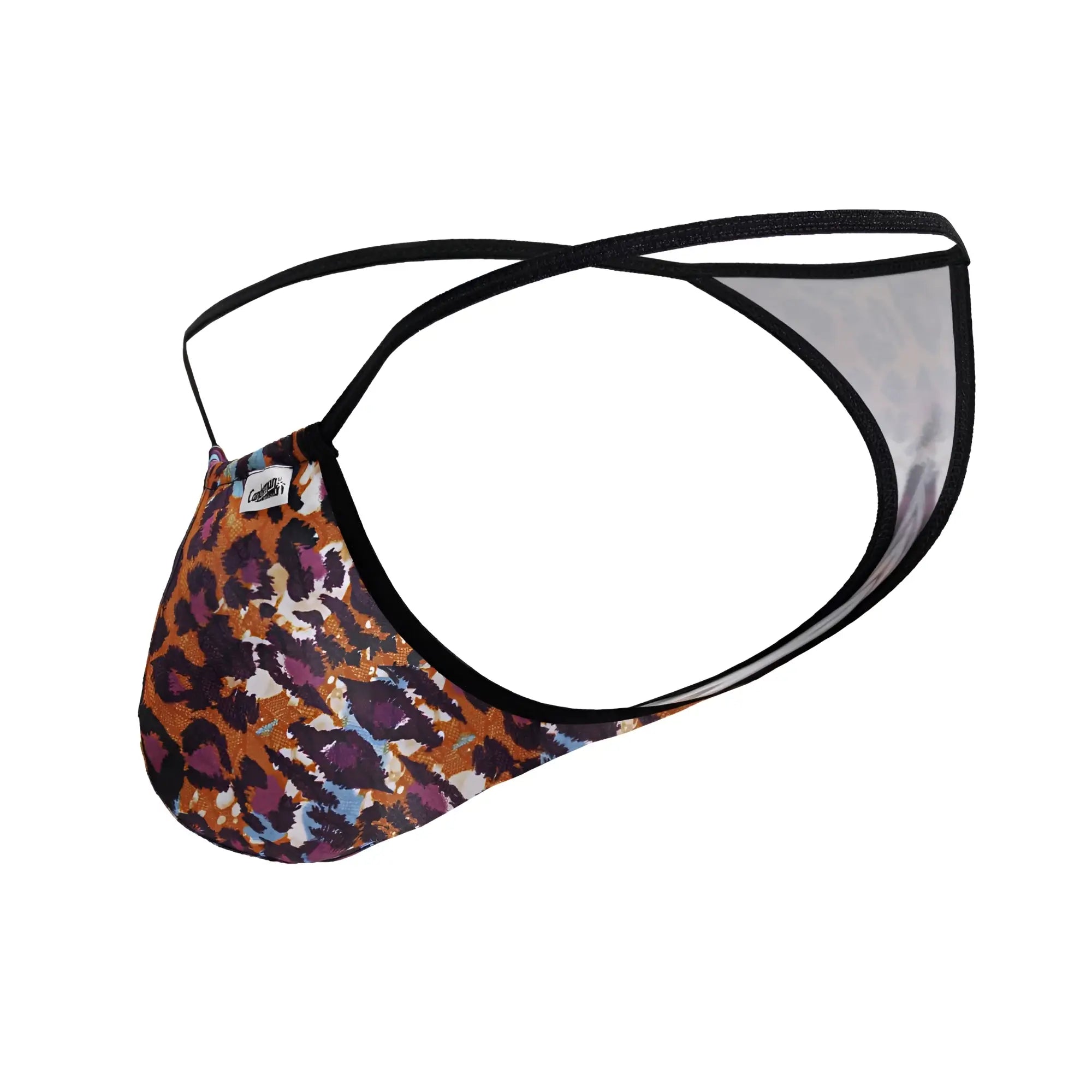 A men’s thong with bold leopard print in orange purple and blue with black trim from candyman 99877 collection
