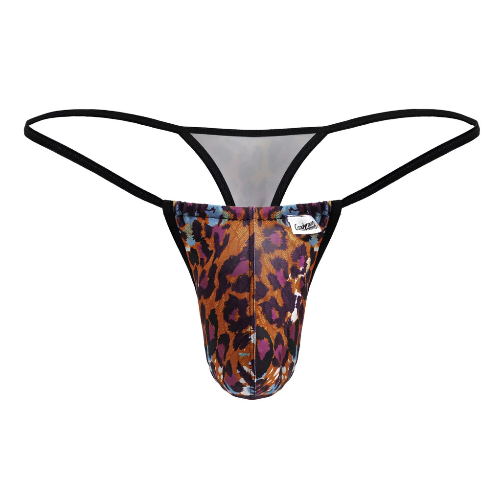 CandyMan 99877 men’s thong in bold orange purple and black leopard print with black elastic straps front view