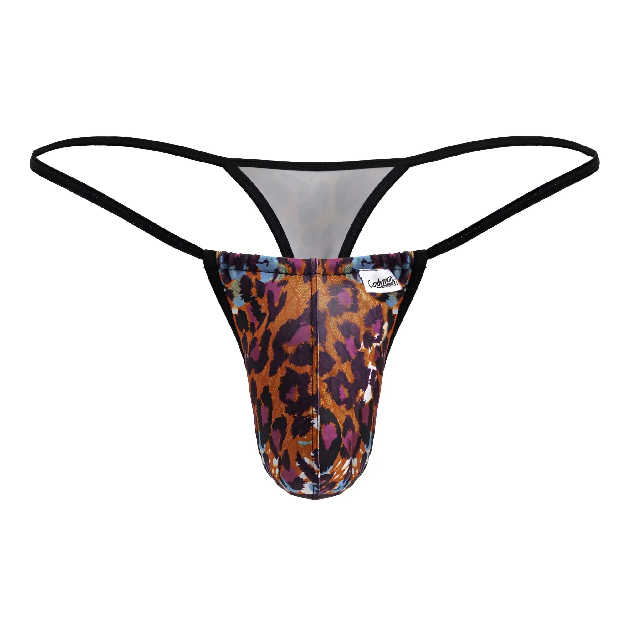 CandyMan 99877 men’s thong in bold orange purple and black leopard print with black elastic straps front view