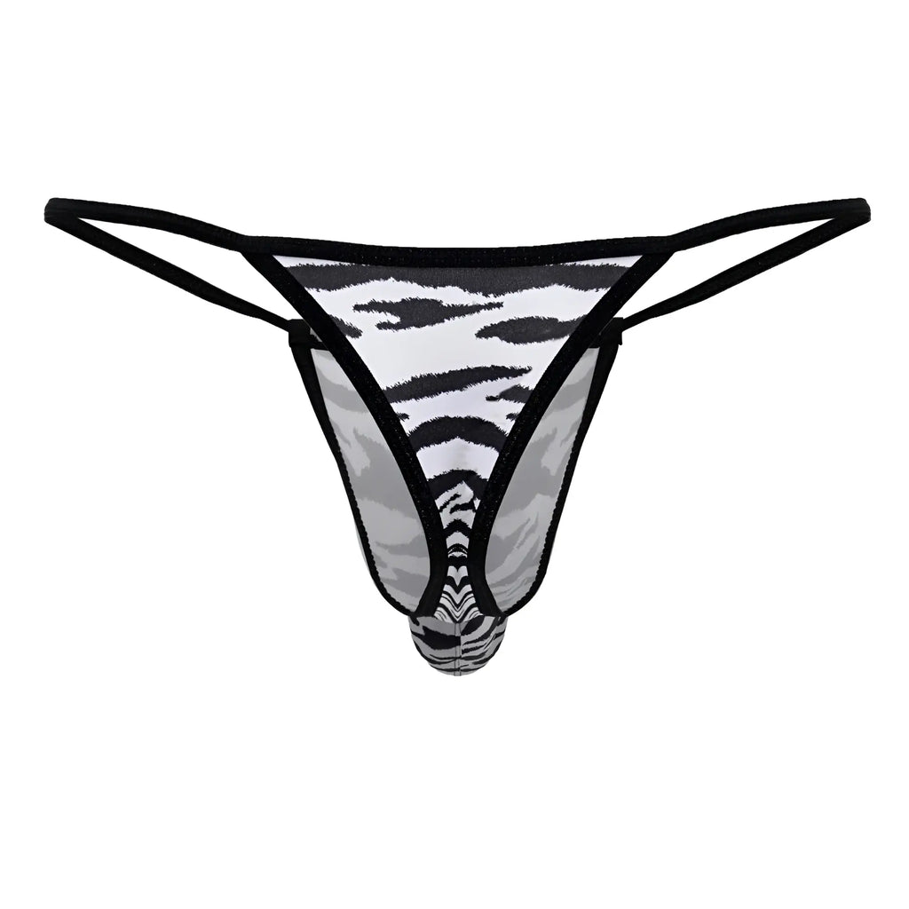 CandyMan 99877 zebra thongs in black and gray zebra print with sheer mesh fabric shown from the back side