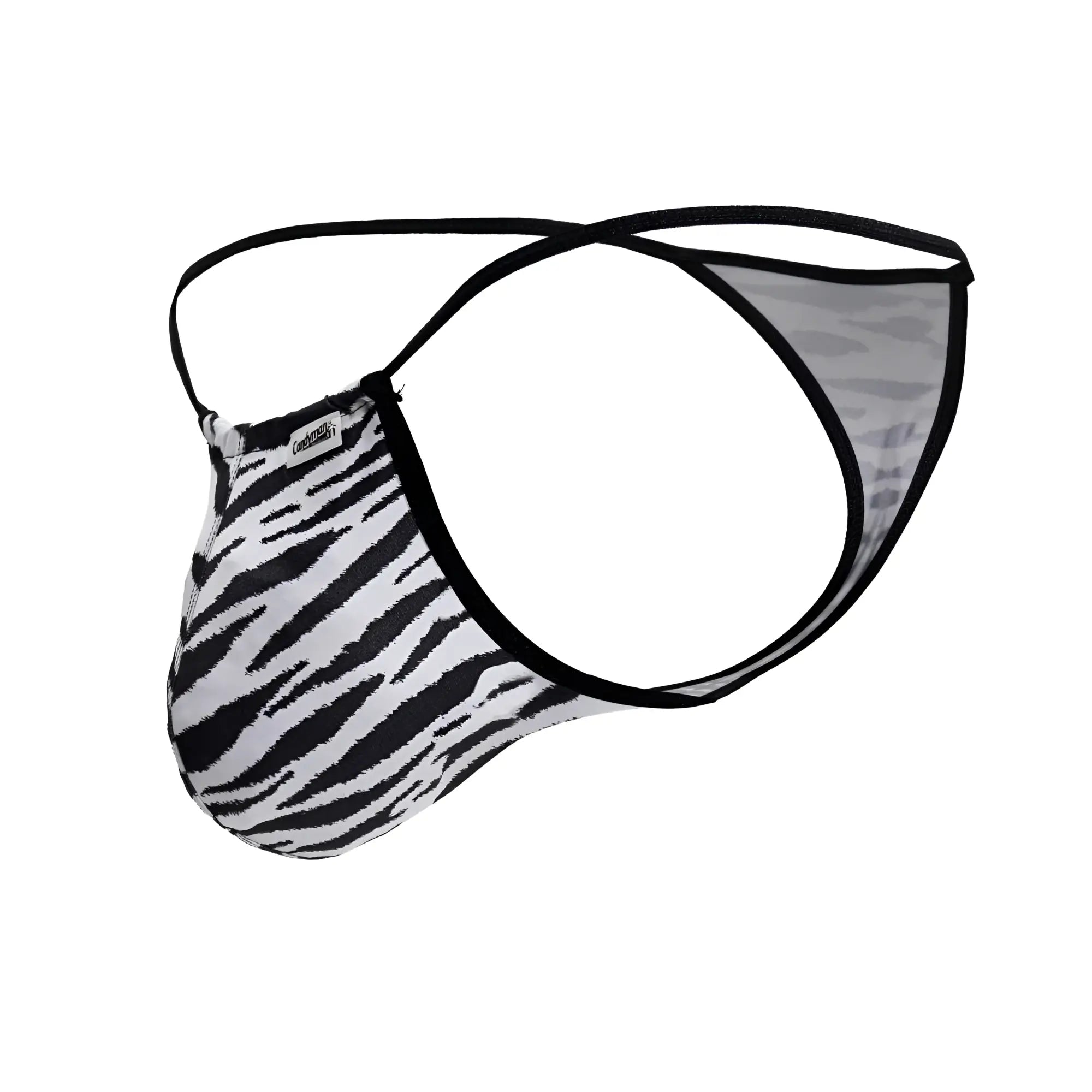CandyMan 99877 zebra thongs in black and white zebra print with black trim men’s thong shown from the back side