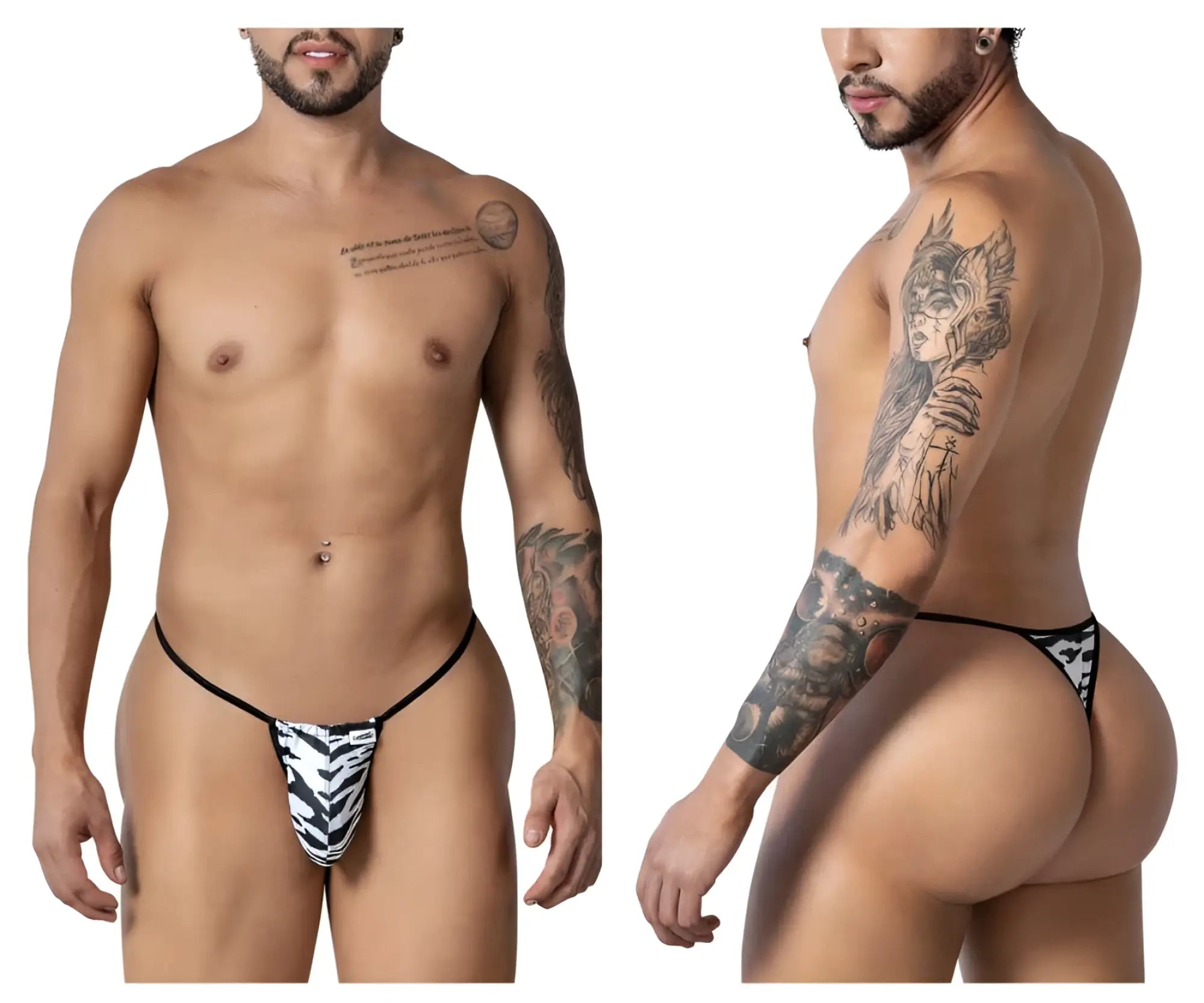 CandyMan 99877 zebra thongs with black and white zebra print and thin black elastic waistband showing front side
