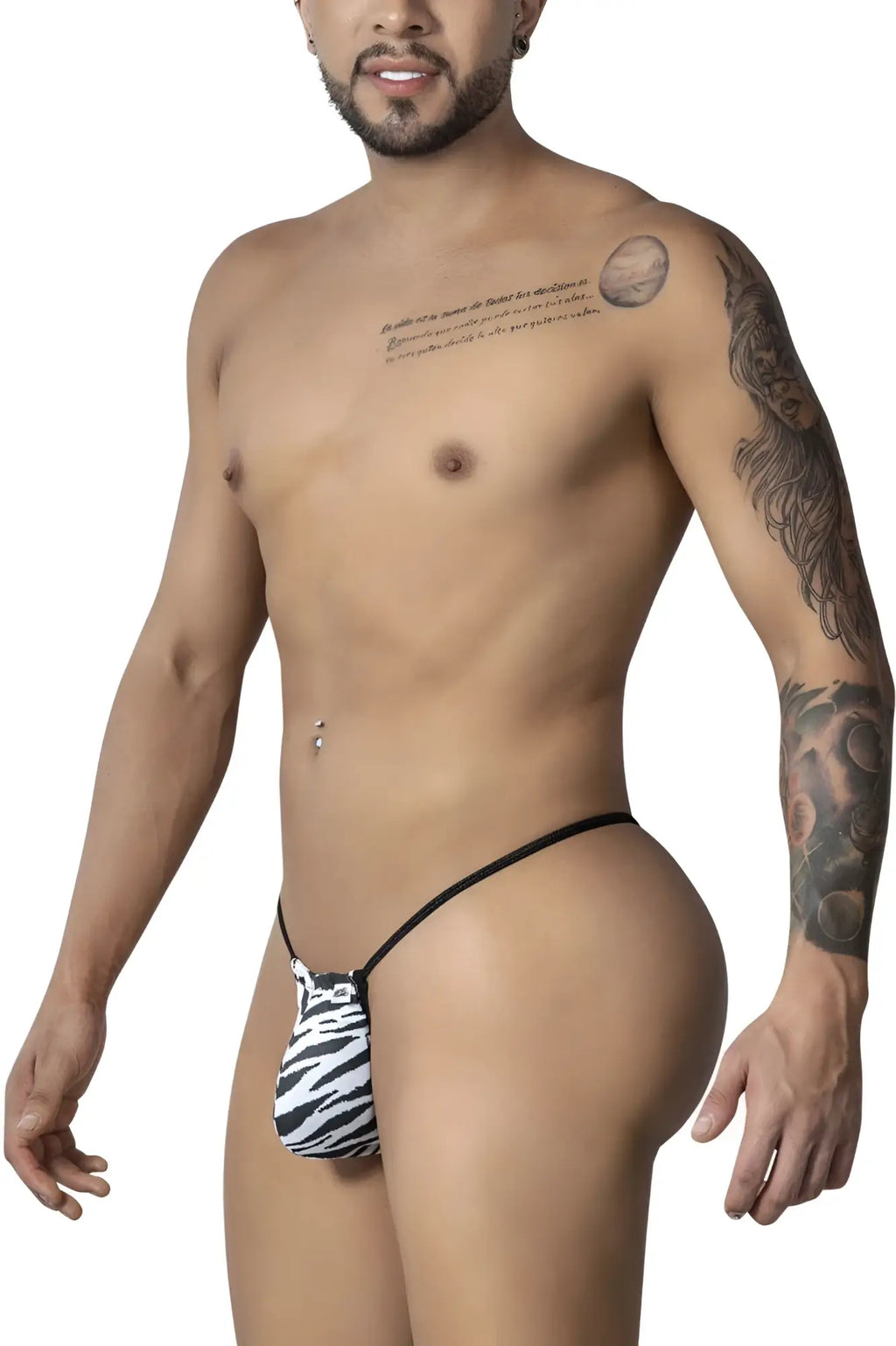 CandyMan 99877 zebra thong in black and white zebra print with thin black elastic waistband, front view