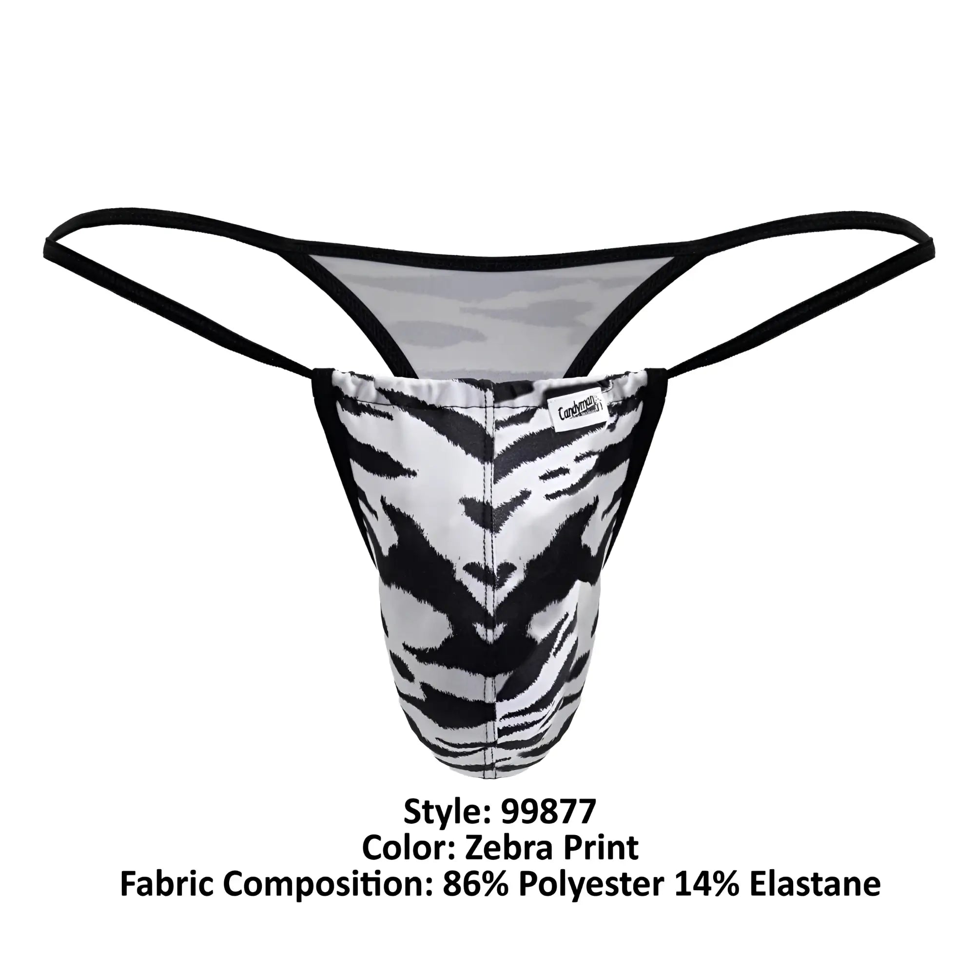 CandyMan 99877 zebra thongs in black and white zebra print with black elastic straps showing front view