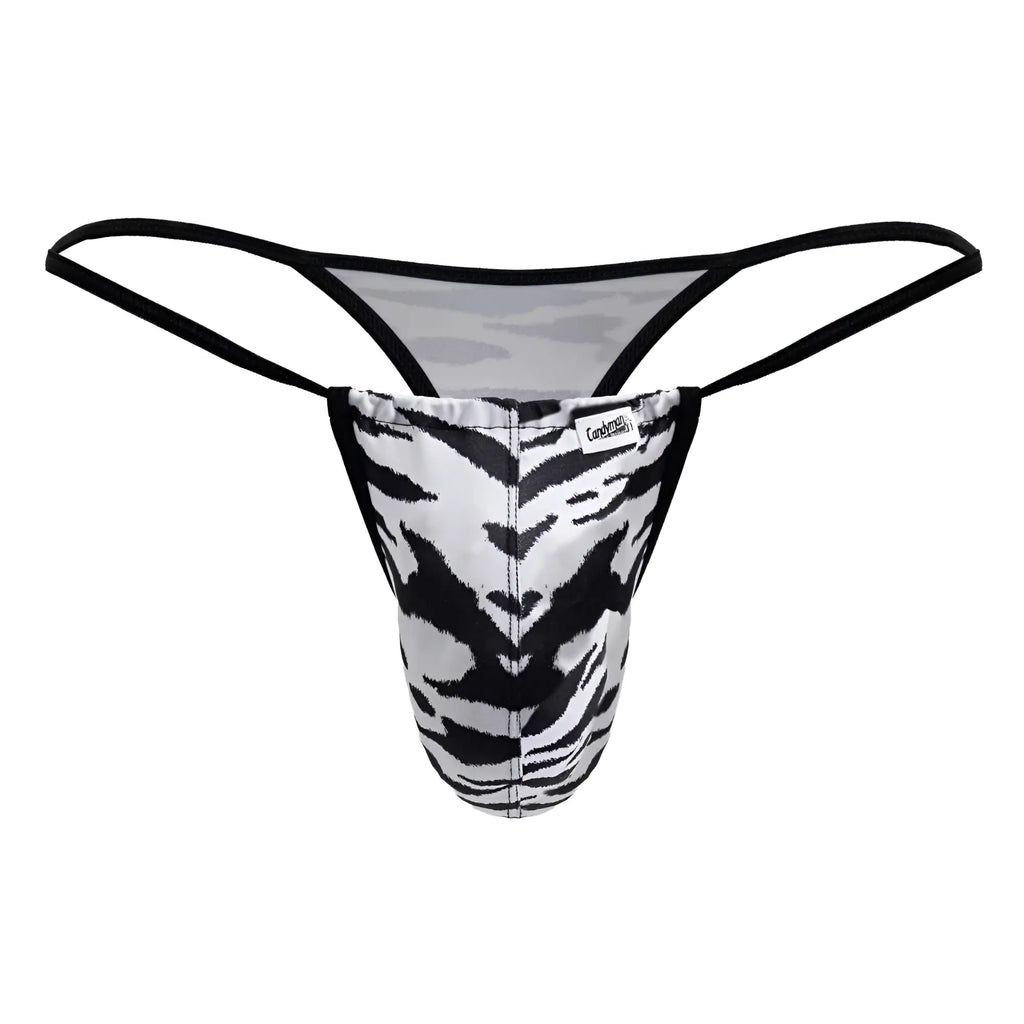 Black and white tiger-striped thong with black elastic straps from CandyMan 99877 zebra thongs color zebra print collection
