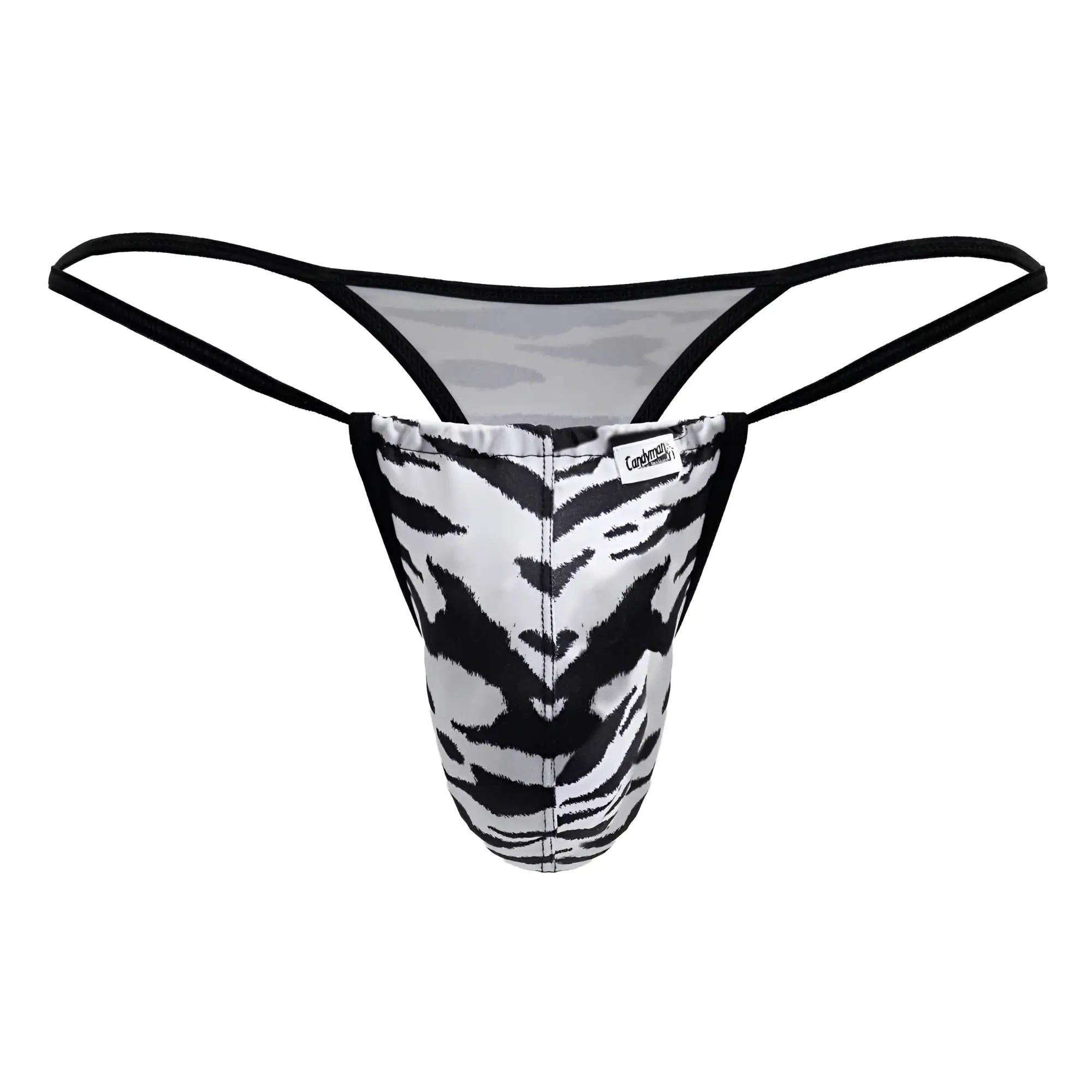 Black and white tiger-striped thong with black elastic straps from CandyMan 99877 zebra thongs color zebra print collection