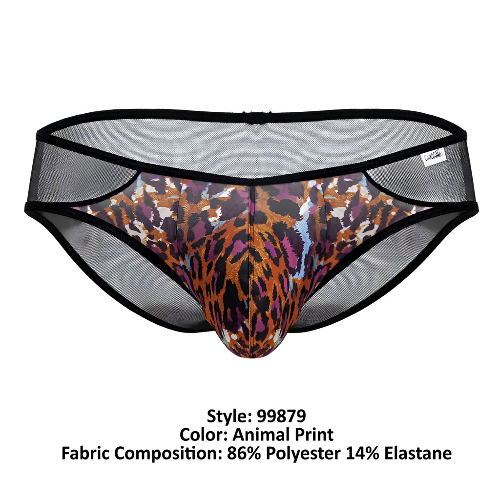 Black mesh briefs with bold orange brown and purple leopard animal print CandyMan 99879 briefs front view
