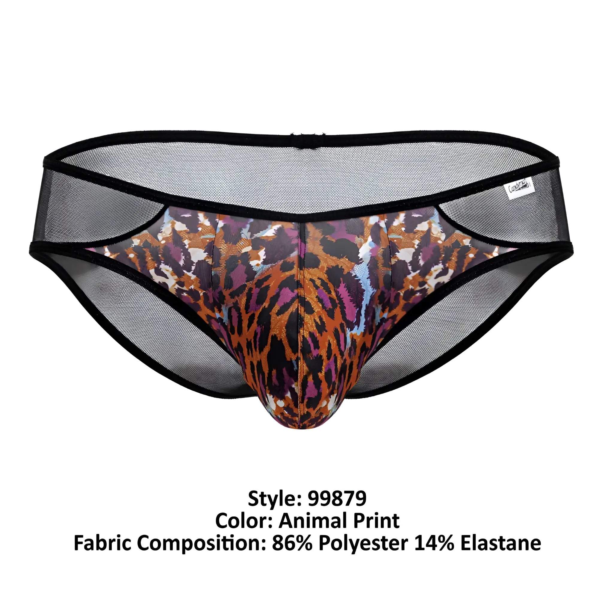 Black mesh briefs with bold orange brown and purple leopard animal print CandyMan 99879 briefs front view