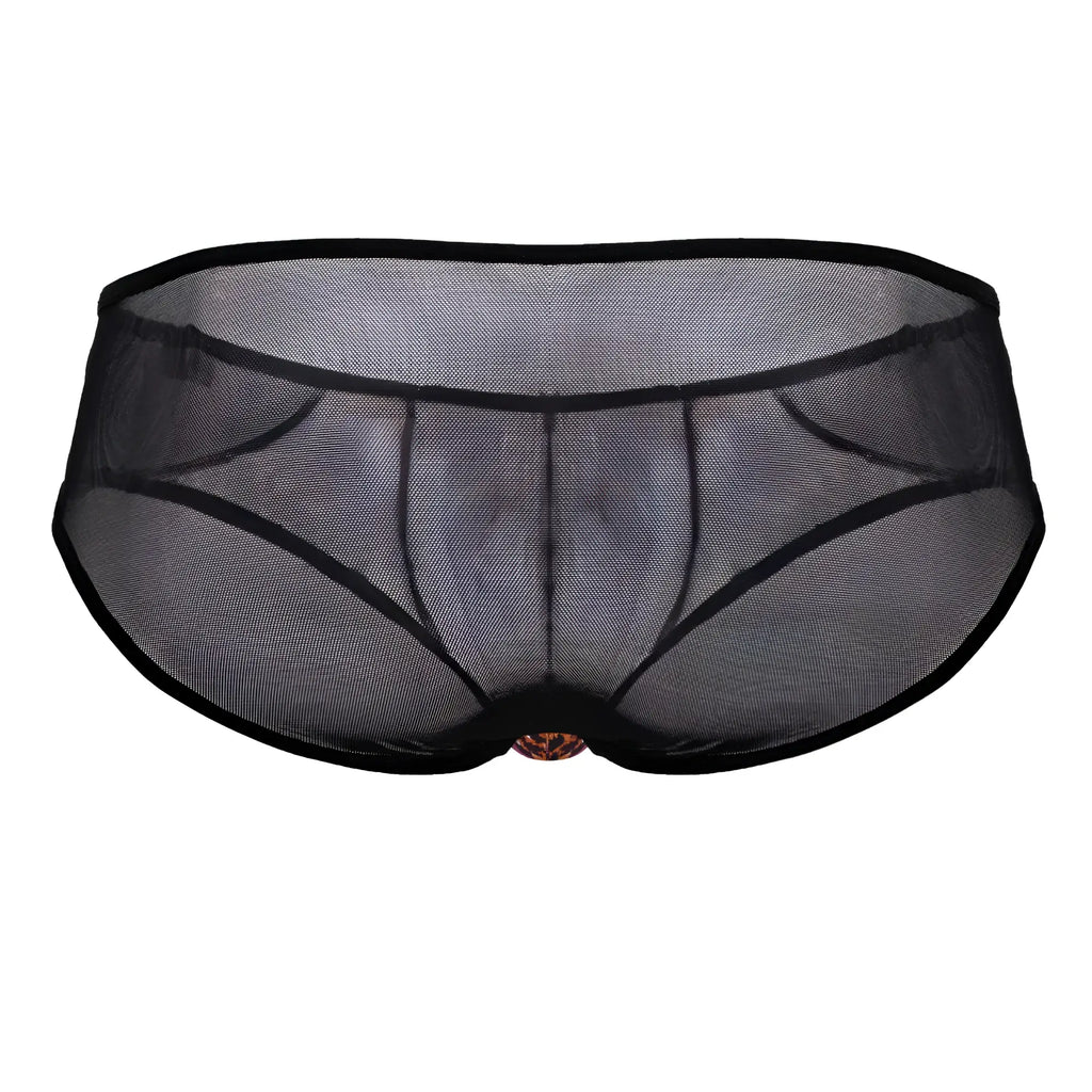 Black mesh CandyMan 99879 briefs with solid black waistband and gold clasp in animal print design