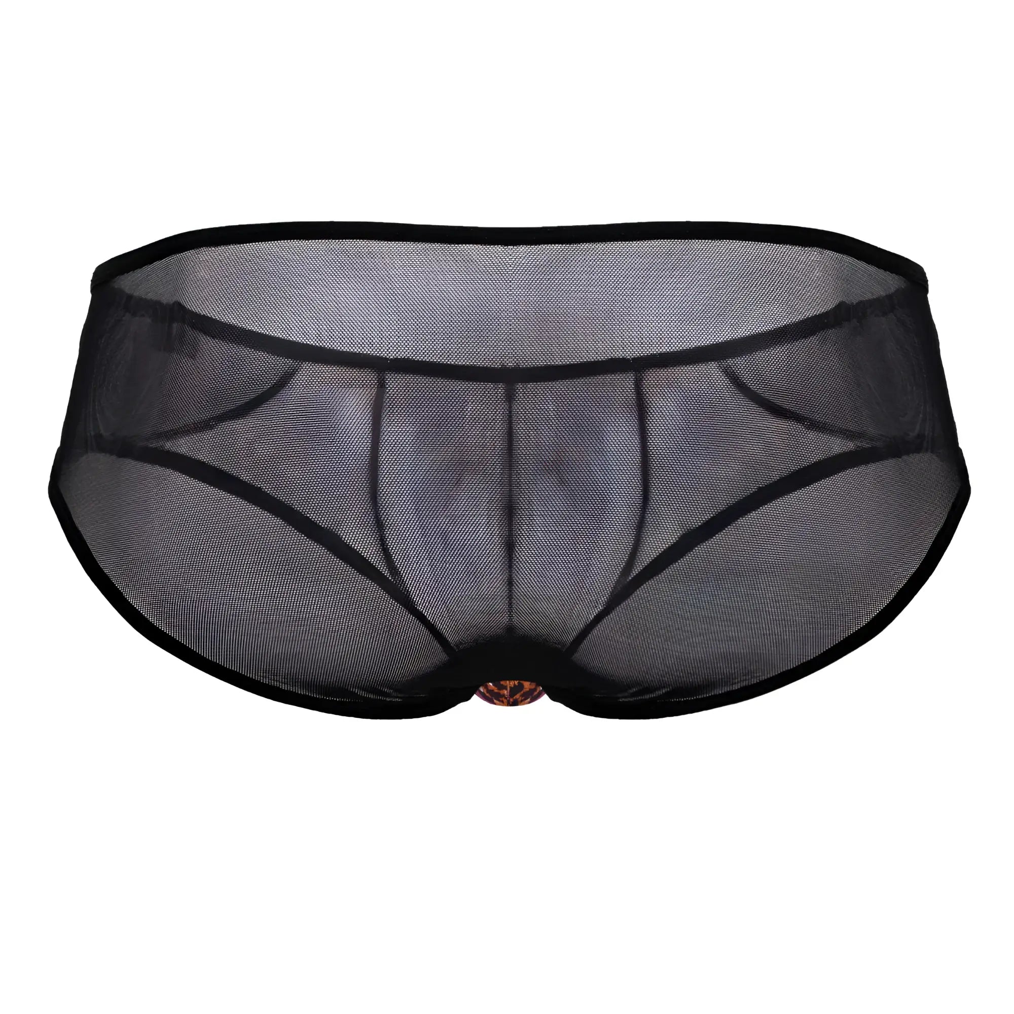 Black mesh CandyMan 99879 briefs with solid black waistband and gold clasp in animal print design