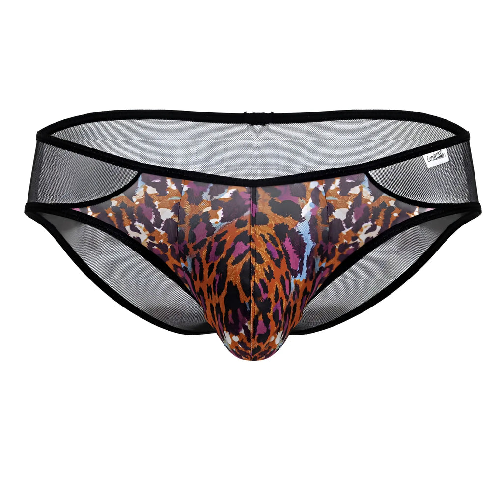 Black mesh briefs with vibrant multi-colored CandyMan 99879 leopard print animal pattern for stylish comfort