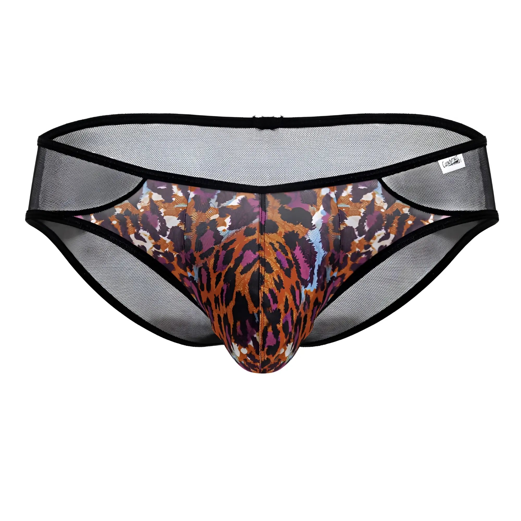 Black mesh briefs with vibrant multi-colored CandyMan 99879 leopard print animal pattern for stylish comfort