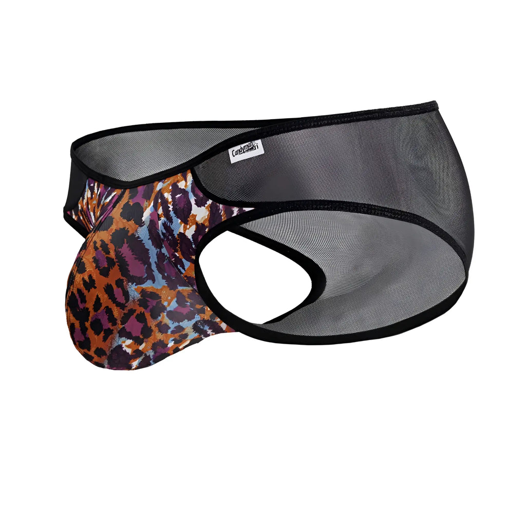 Leopard-print mesh briefs with black trim and branded tag candy man 99879 animal print color
