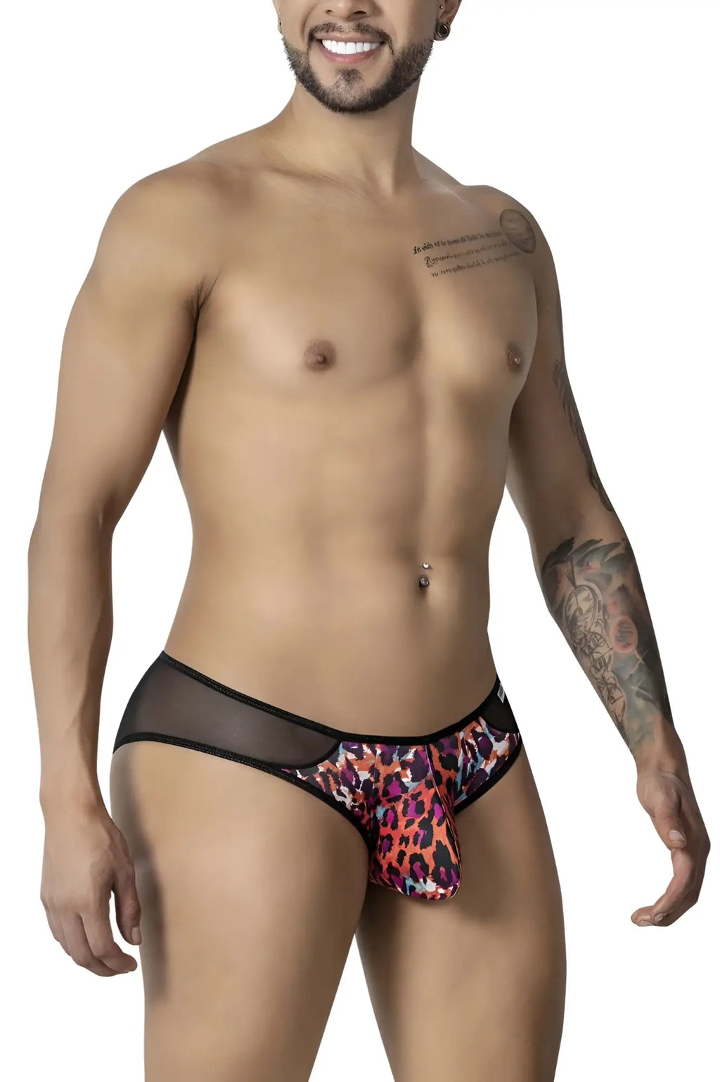 Vibrant leopard-print briefs with sheer black mesh side panels from candyman 99879 animal print collection