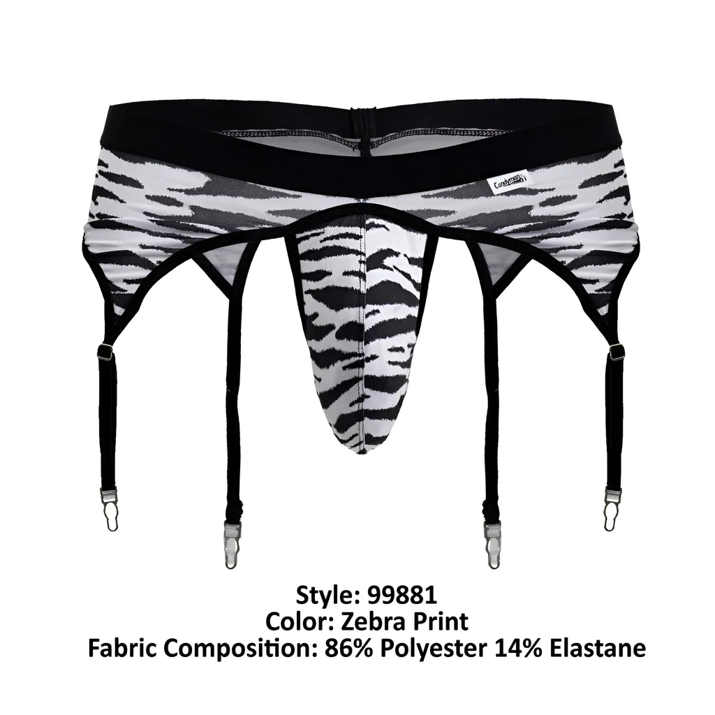 Candyman 99881 zebra thongs black and white zebra print men’s briefs with four adjustable straps in front view