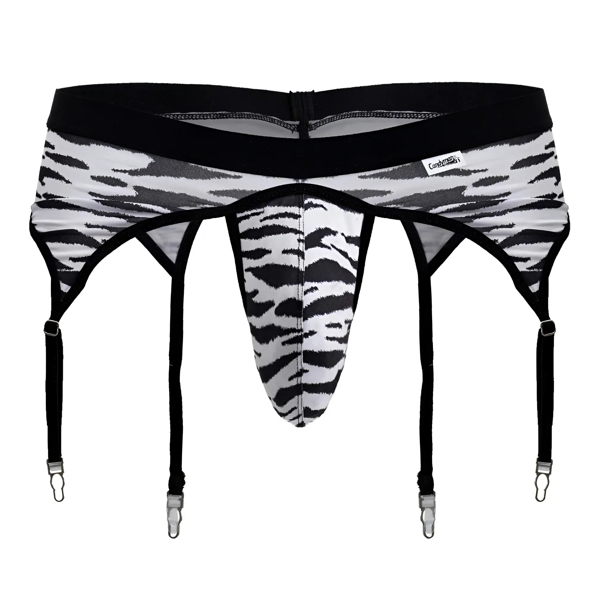 CandyMan 99881 zebra print men’s garter belt in black and white with four adjustable straps