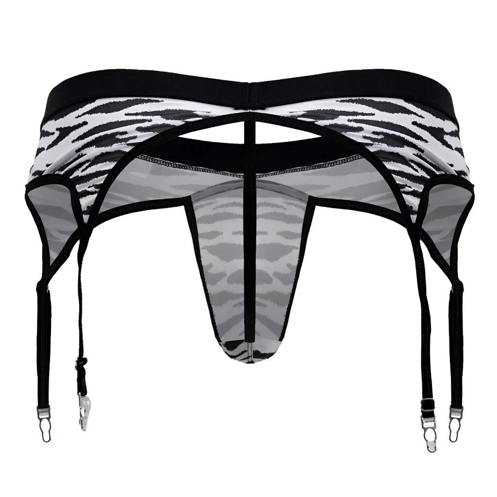 CandyMan 99881 zebra print men’s garter belt with black and white zebra print sheer mesh panels and metal clasps