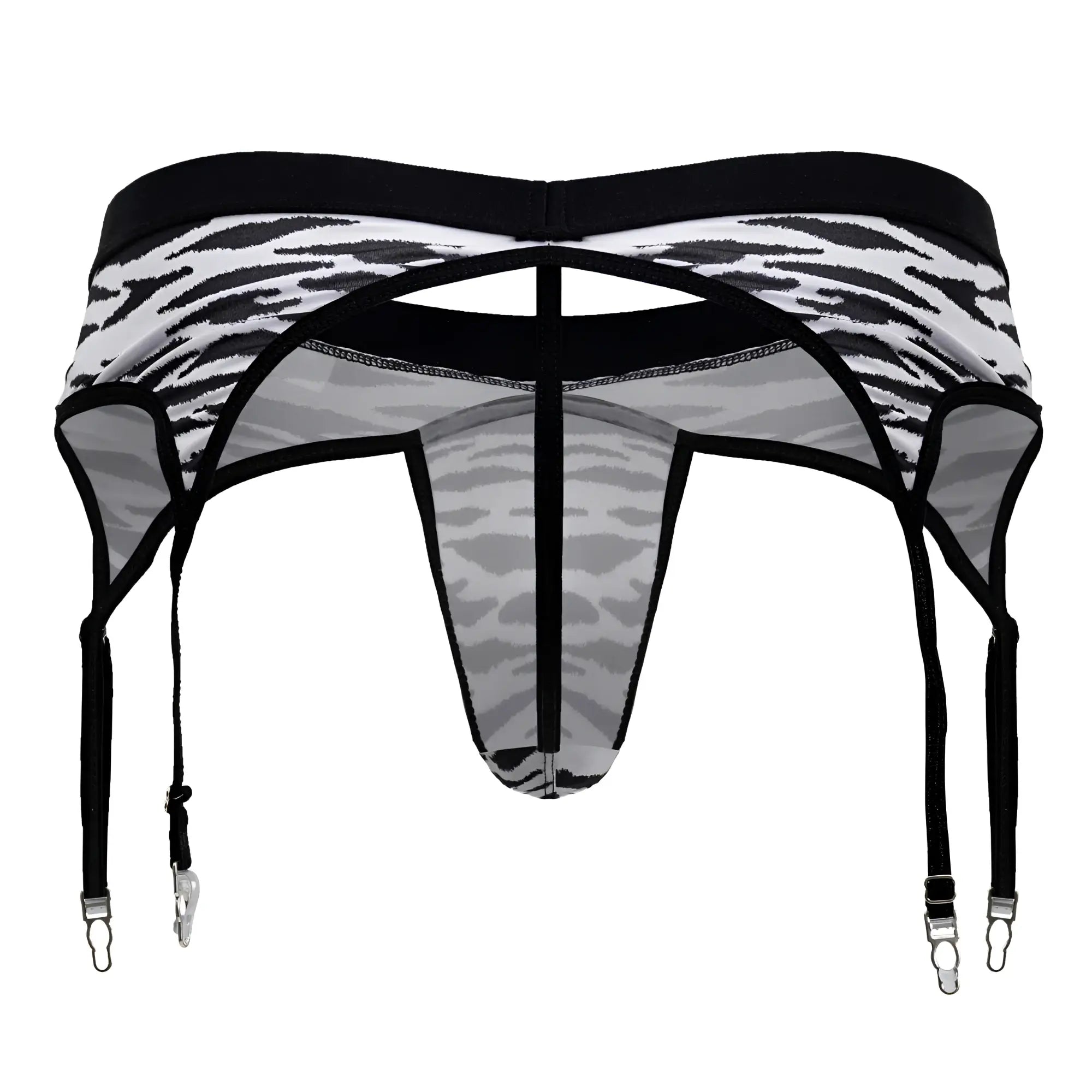 CandyMan 99881 zebra print men’s garter belt with black and white zebra print sheer mesh panels and metal clasps
