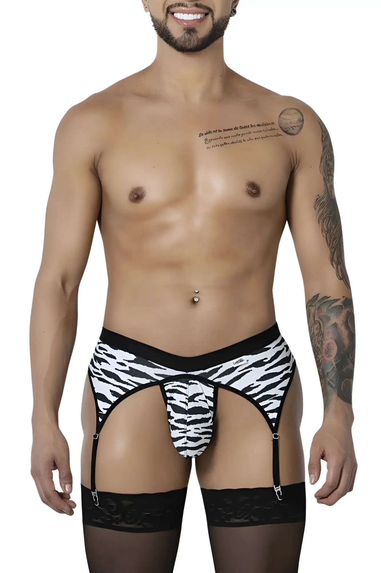 CandyMan 99881 zebra print men’s garter belt in black and white with lace trim front view