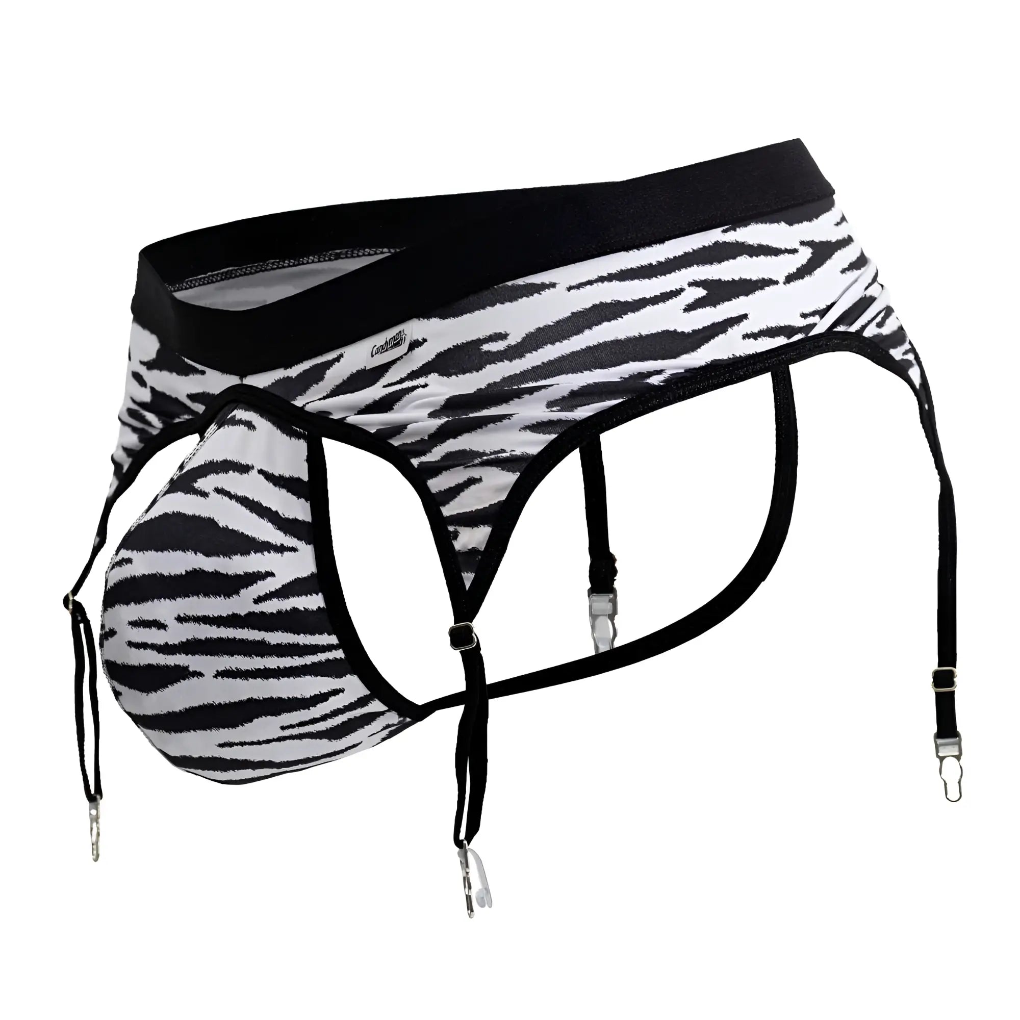 Black and white zebra-striped mens briefs with suspenders candyMan 99881 zebra thongs zebra print design