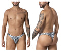 Men’s candyMan 99882 zebra thongs in black and white zebra print showing the front side of the briefs