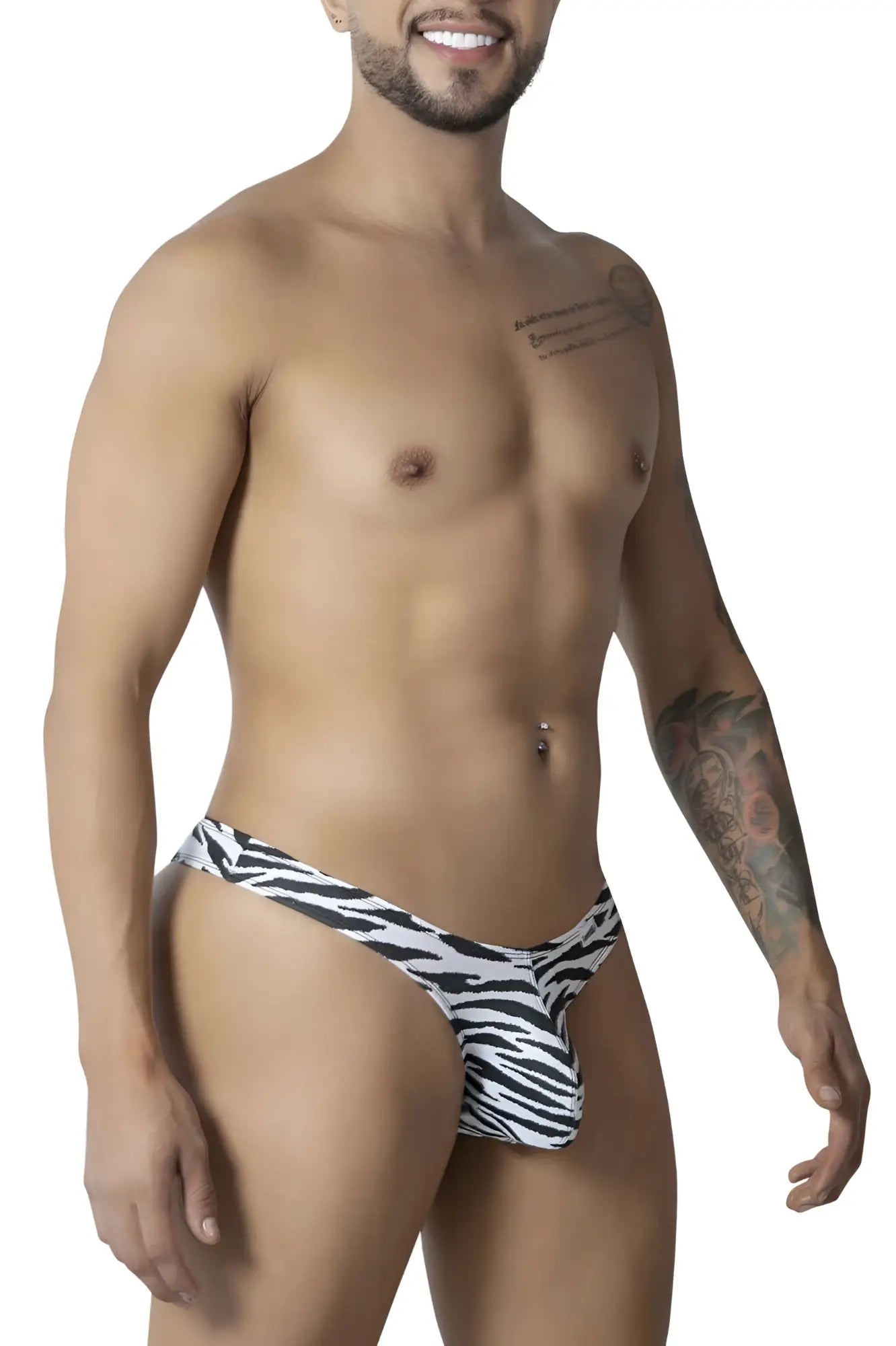 Black and white zebra-striped men’s thong candyMan 99882 with a snug form-fitting design front view