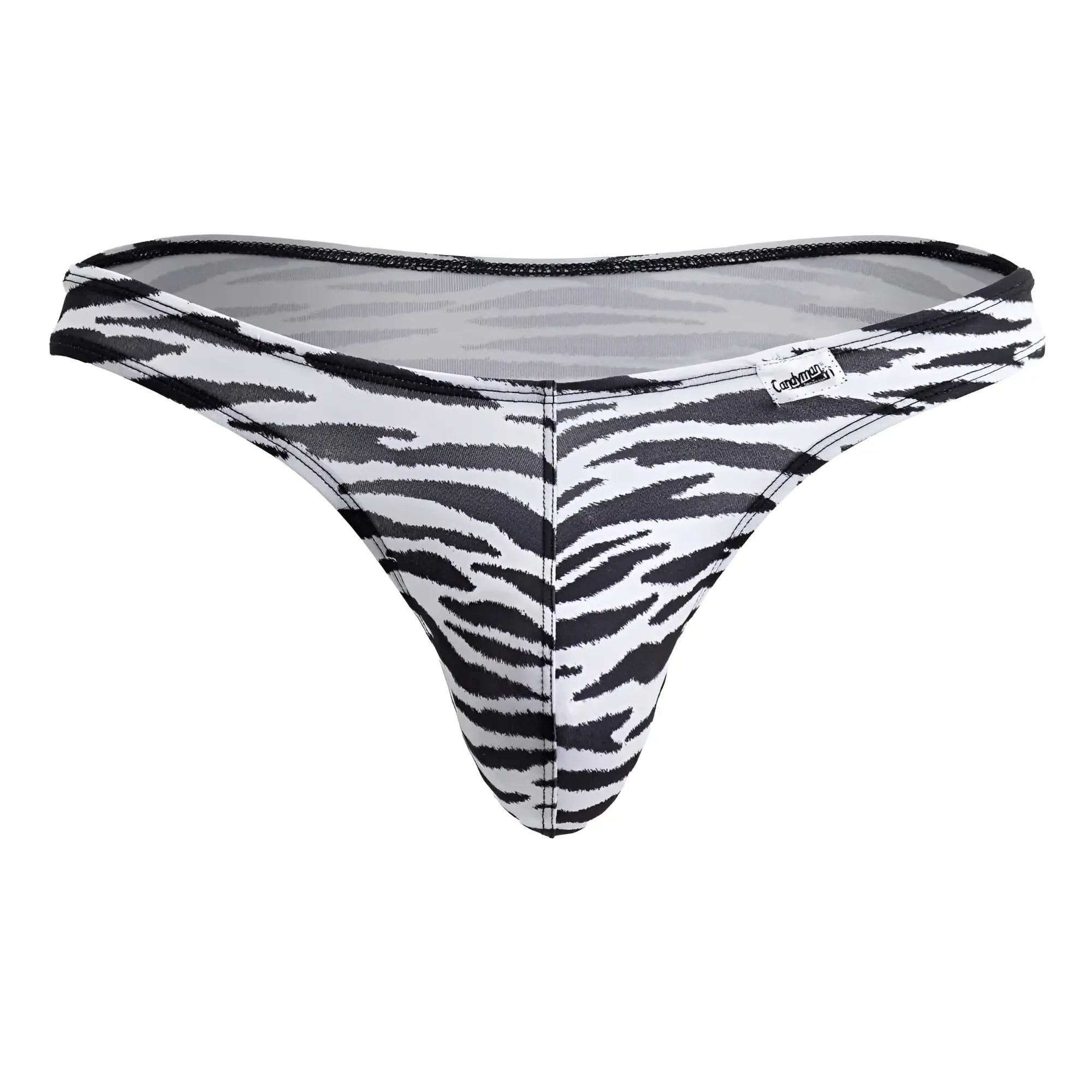CandyMan 99882 zebra thong with black and white stripes and sheer mesh back shown from the back side