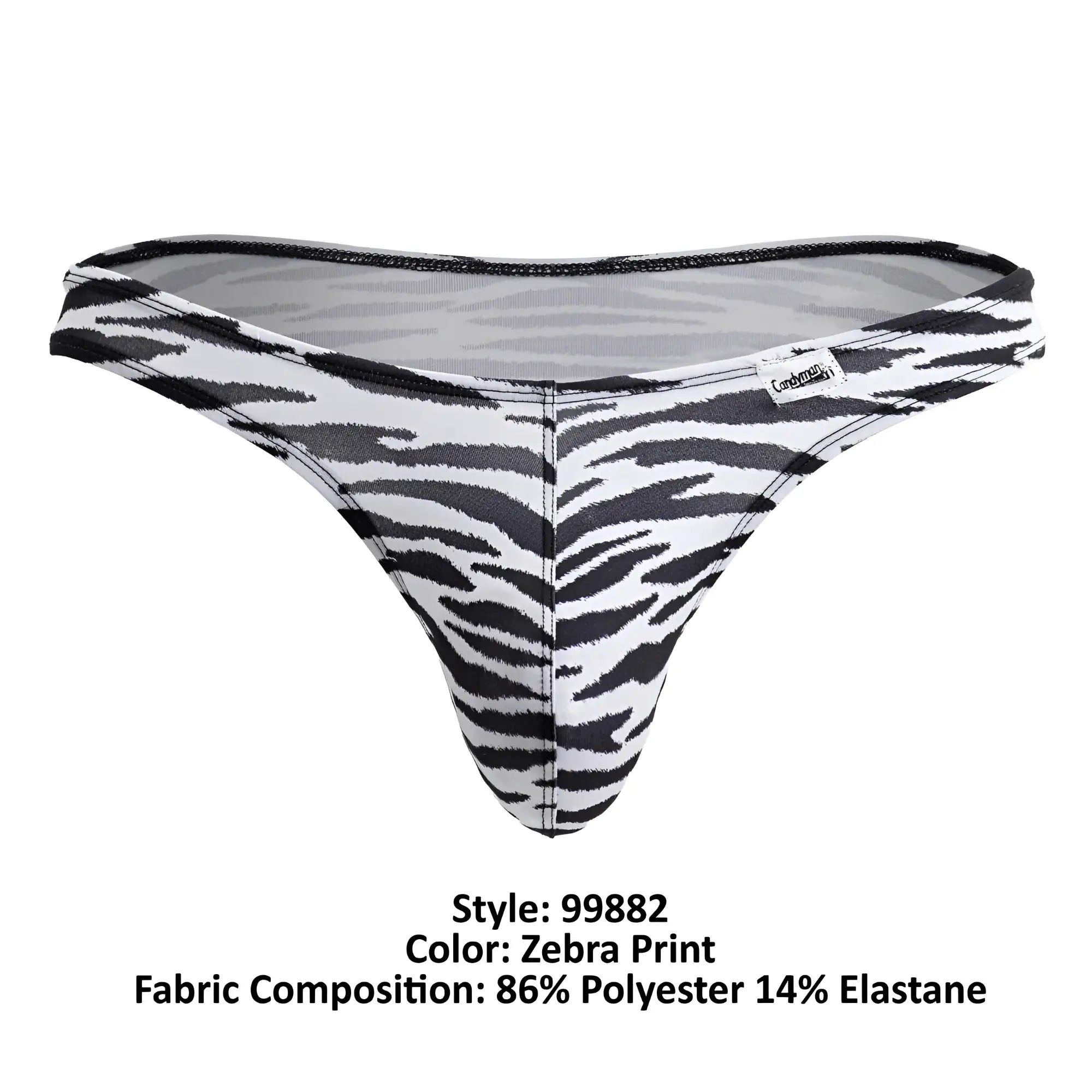 CandyMan 99882 zebra thongs in black and white zebra print made of 86% polyester 14% elastane shown from the back
