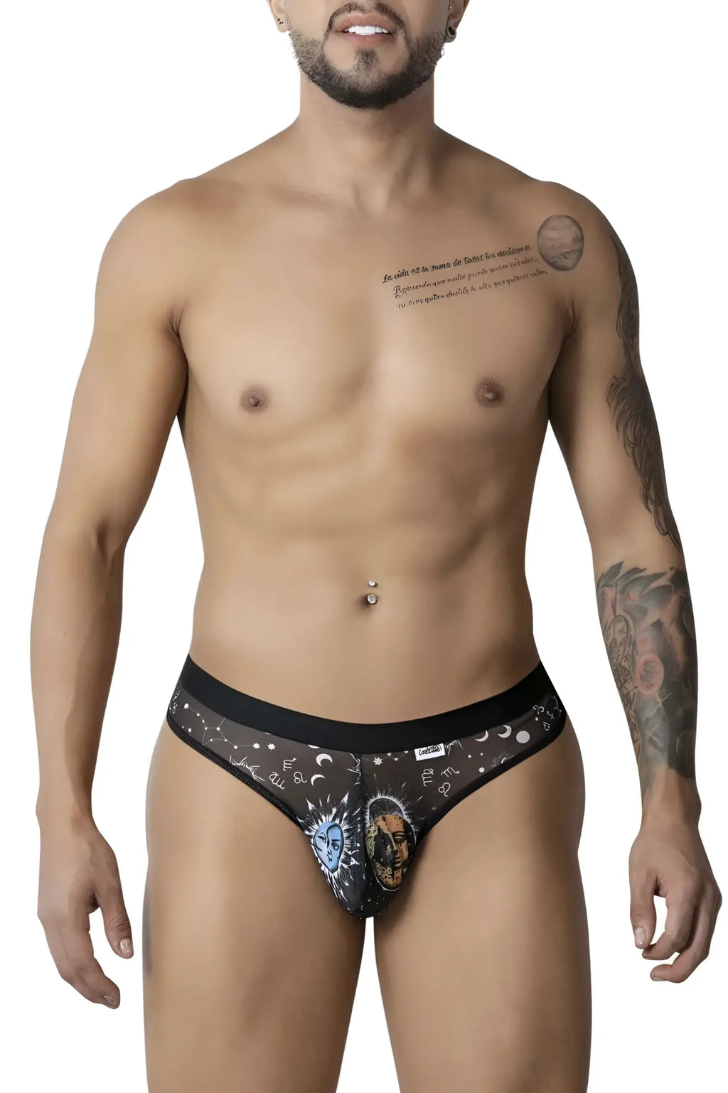 Black lace briefs candy man 99885 in black with white celestial sun moon design featuring moons stars and face