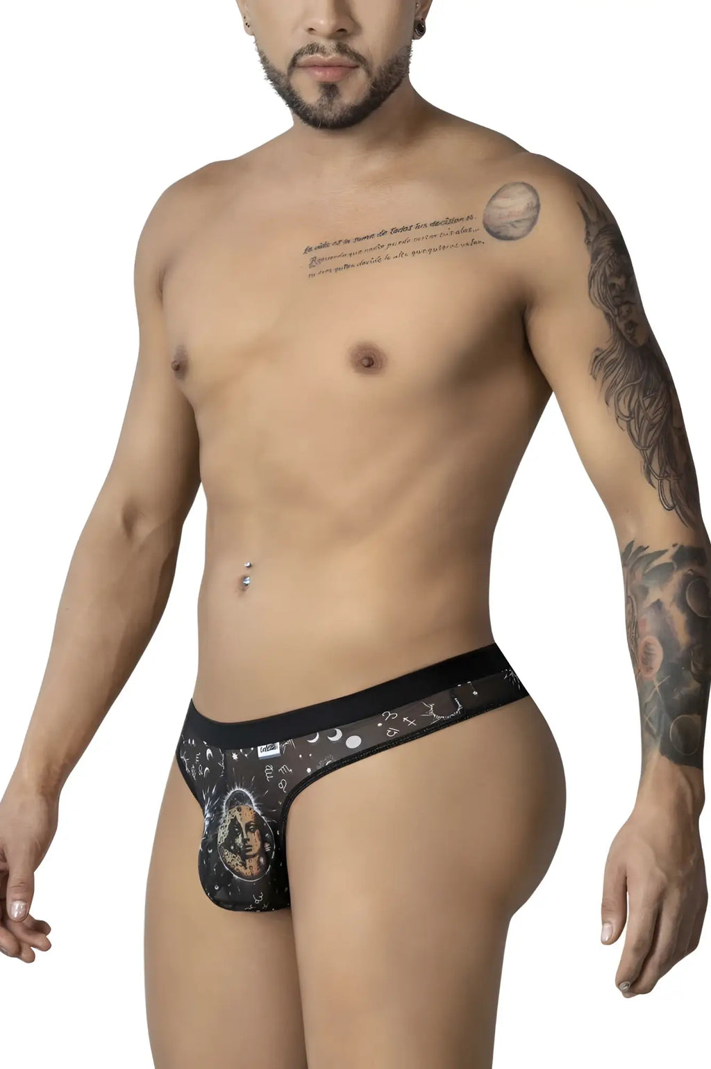 Black men’s thong CandyMan 99885 sun moon thongs in black-white with cosmic celestial design and ornate circular emblem