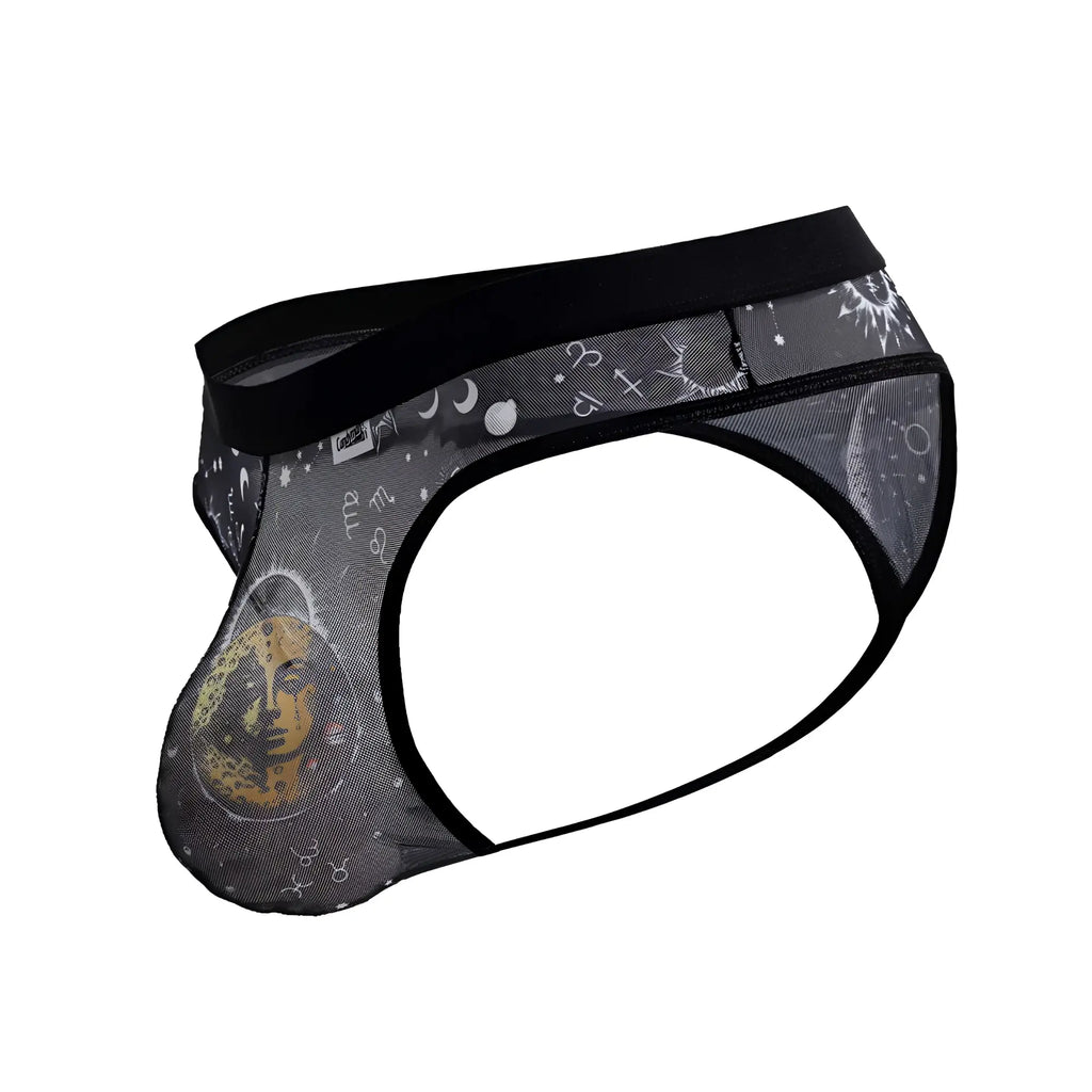 Black mesh CandyMan 99885 Sun Moon thongs with white astrological symbols and a yellow sun face front design