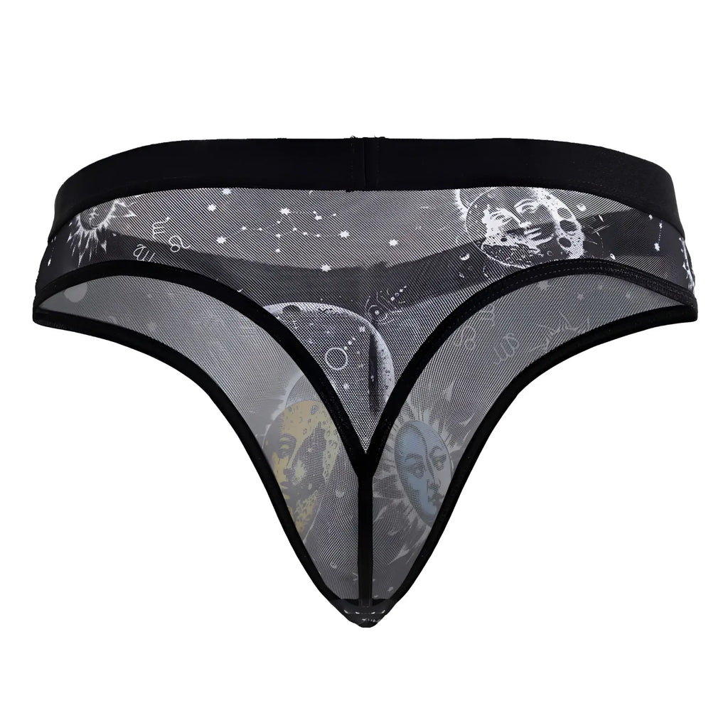 Black mesh CandyMan 99885 sun moon thong with celestial moon sun and star motifs in grayscale color black-white