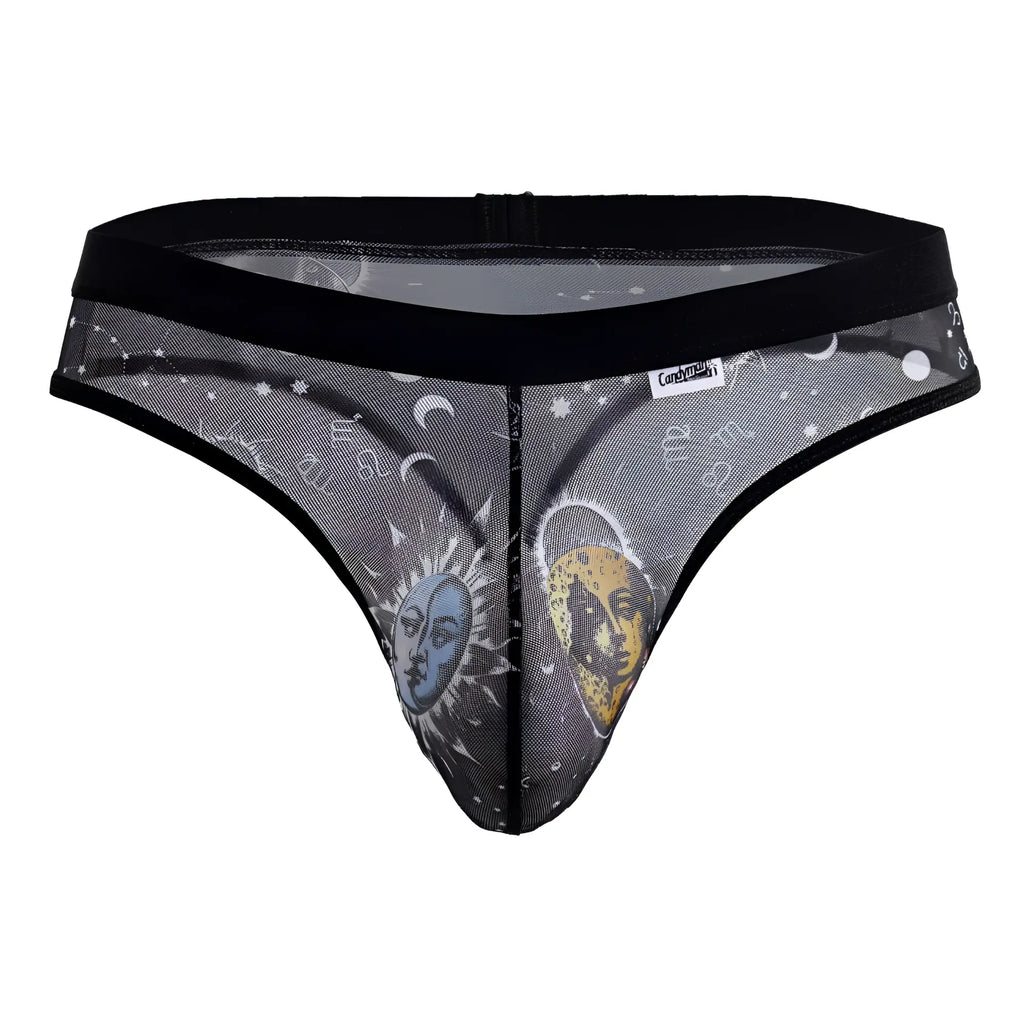 Black mesh CandyMan 99885 sun moon thong with blue sun face yellow moon face and zodiac symbols on gray sheer fabric