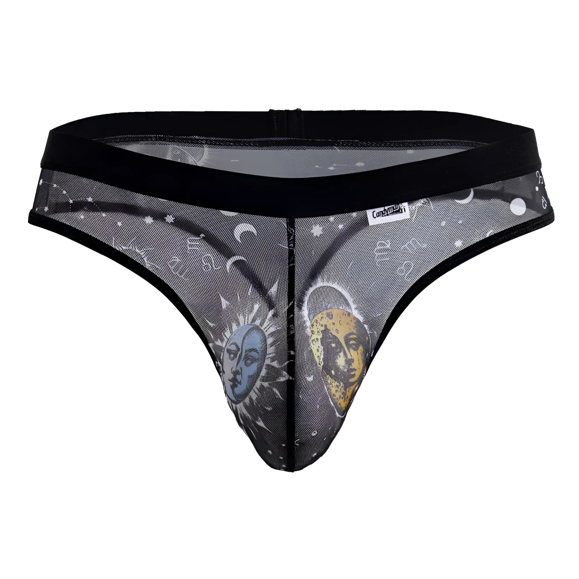 Black mesh CandyMan 99885 sun moon thong with blue sun face yellow moon face and zodiac symbols on gray sheer fabric