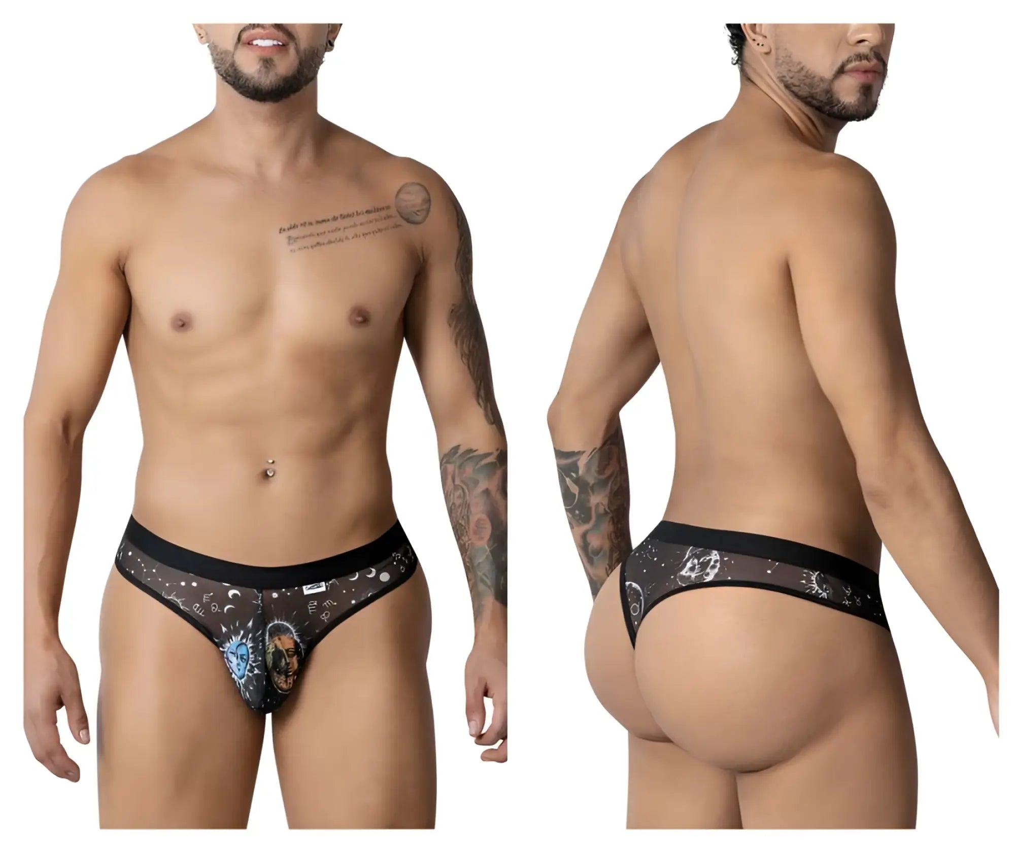 Black sheer CandyMan 99885 sun moon thongs with cosmic moons stars and blue white skull design