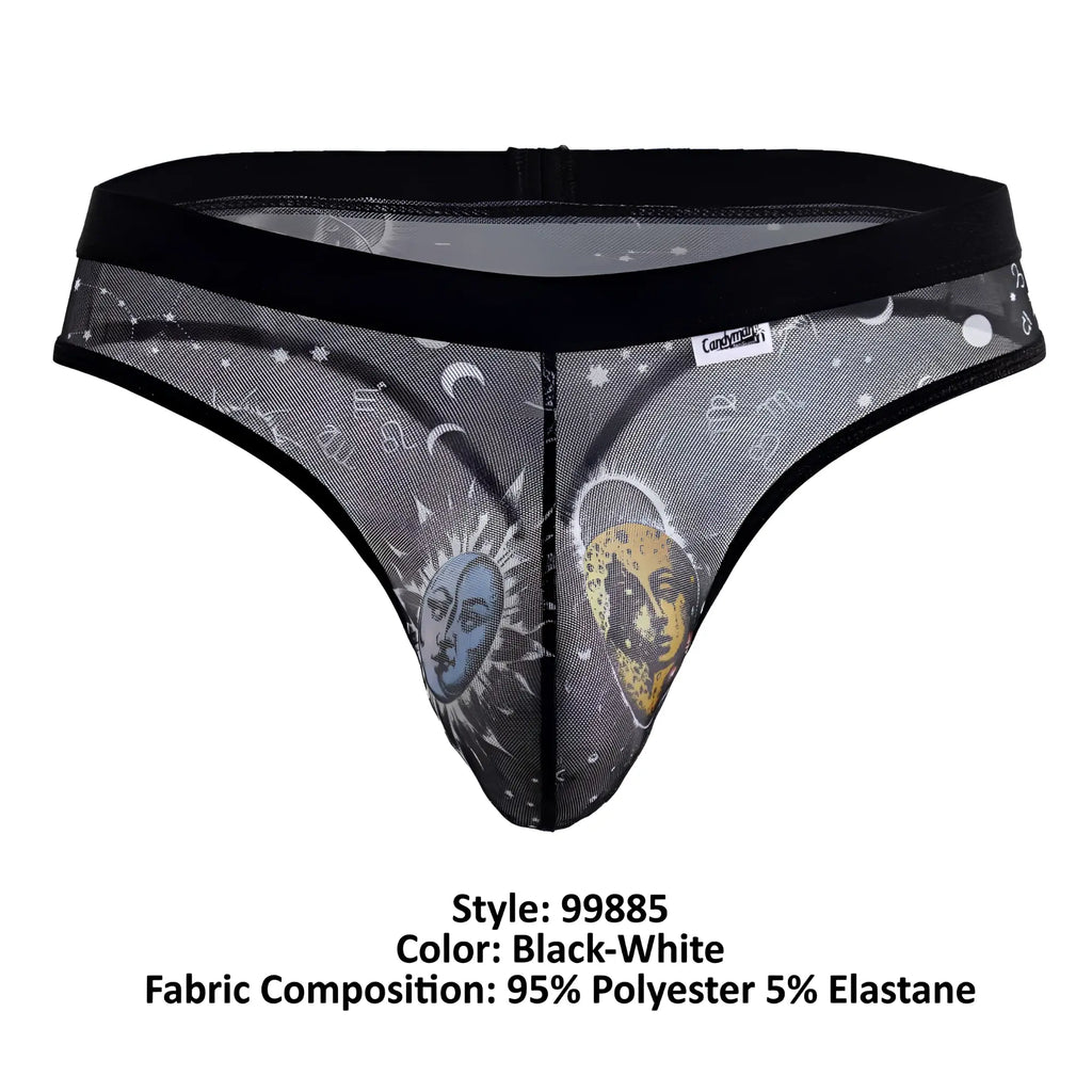 Black and white sheer mesh thong with celestial blue sun face yellow moon face stars moons and astrological symbols