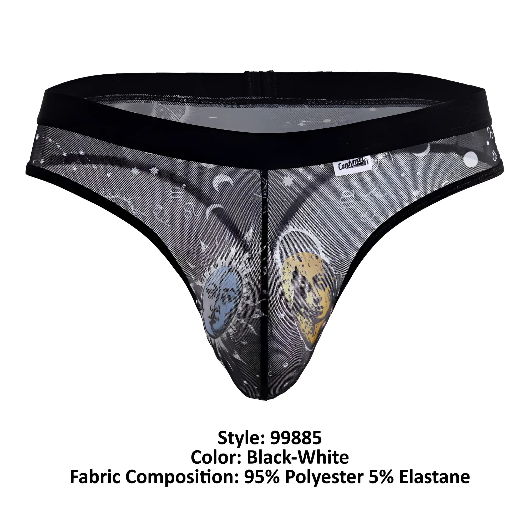 Black and white sheer mesh thong with celestial blue sun face yellow moon face stars moons and astrological symbols