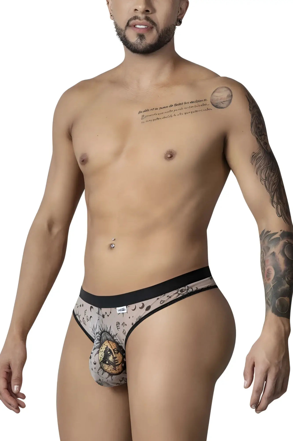 CandyMan 99885 sun moon thongs in nude black with black and gray patterned men’s briefs featuring detailed moon design