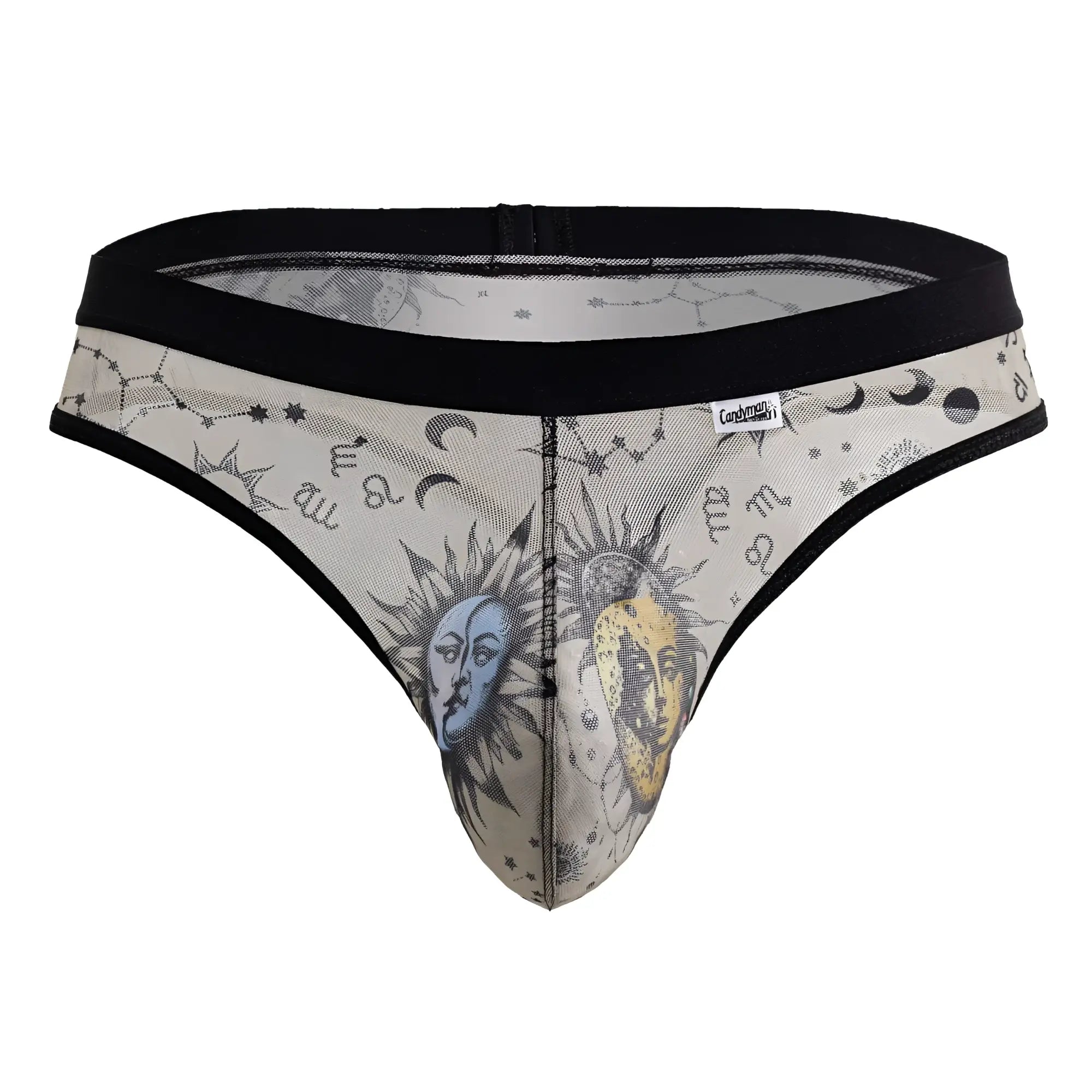CandyMan 99885 sun moon thong in beige mesh with black trim featuring celestial sun moon faces and zodiac symbols