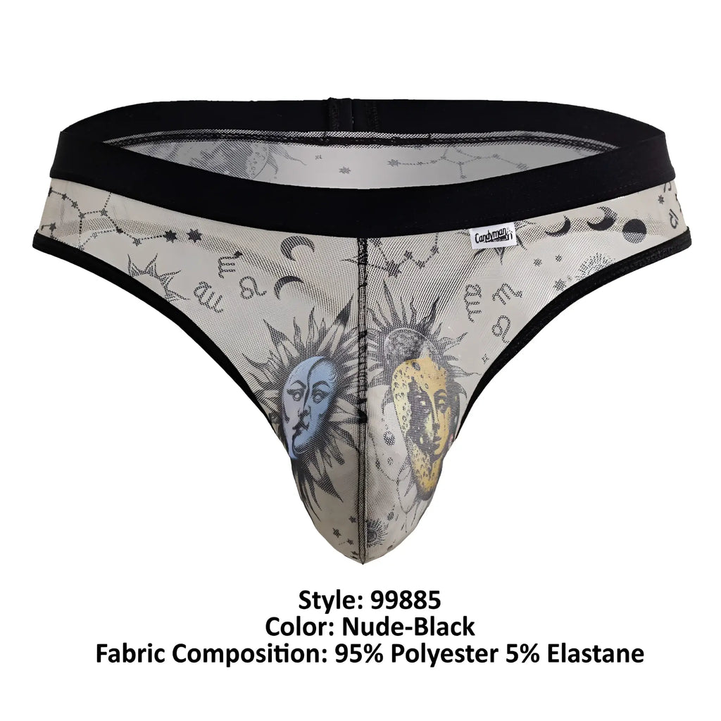 CandyMan 99885 nude black sheer thong with celestial sun moon stars and zodiac designs on mesh fabric