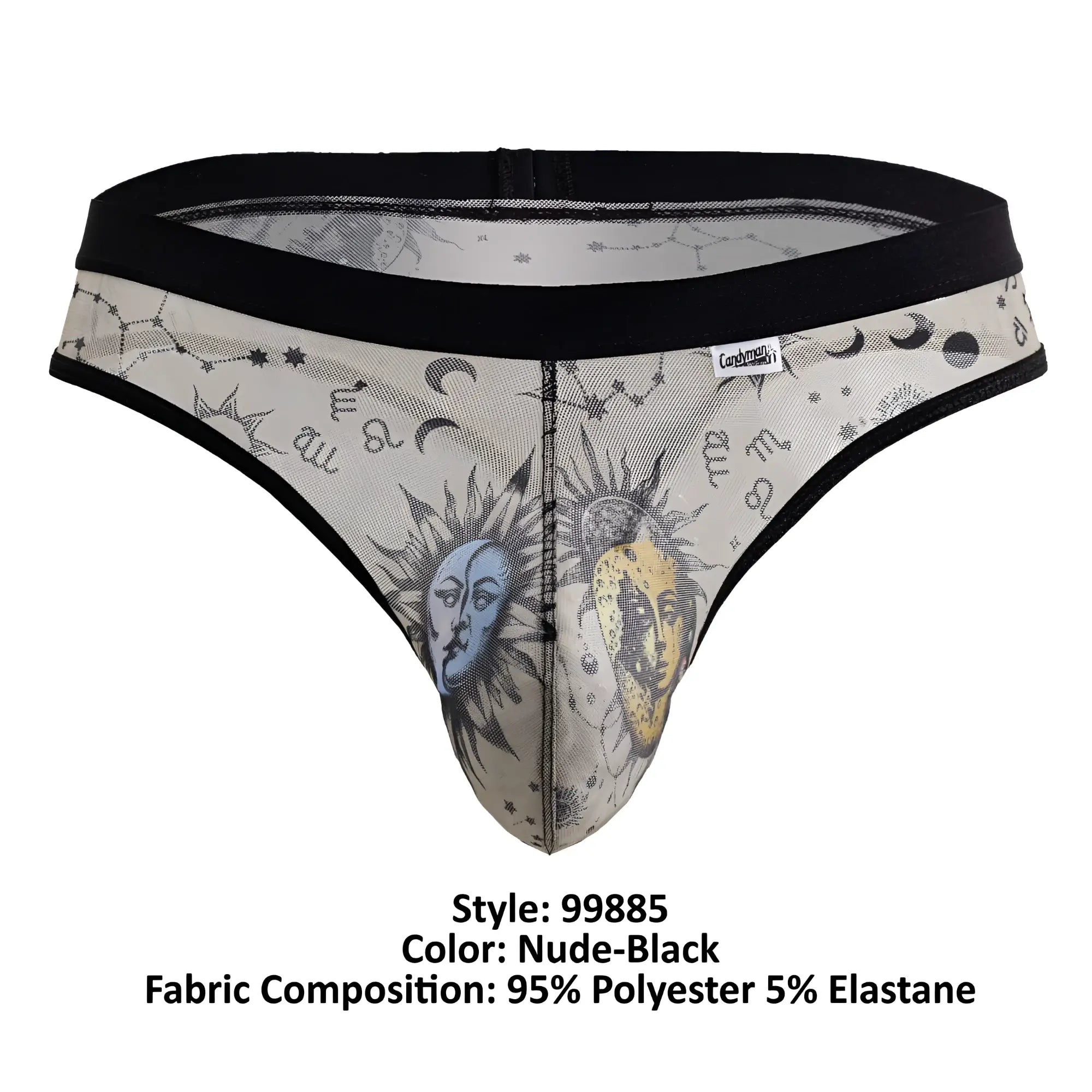 CandyMan 99885 nude black sheer thong with celestial sun moon stars and zodiac designs on mesh fabric
