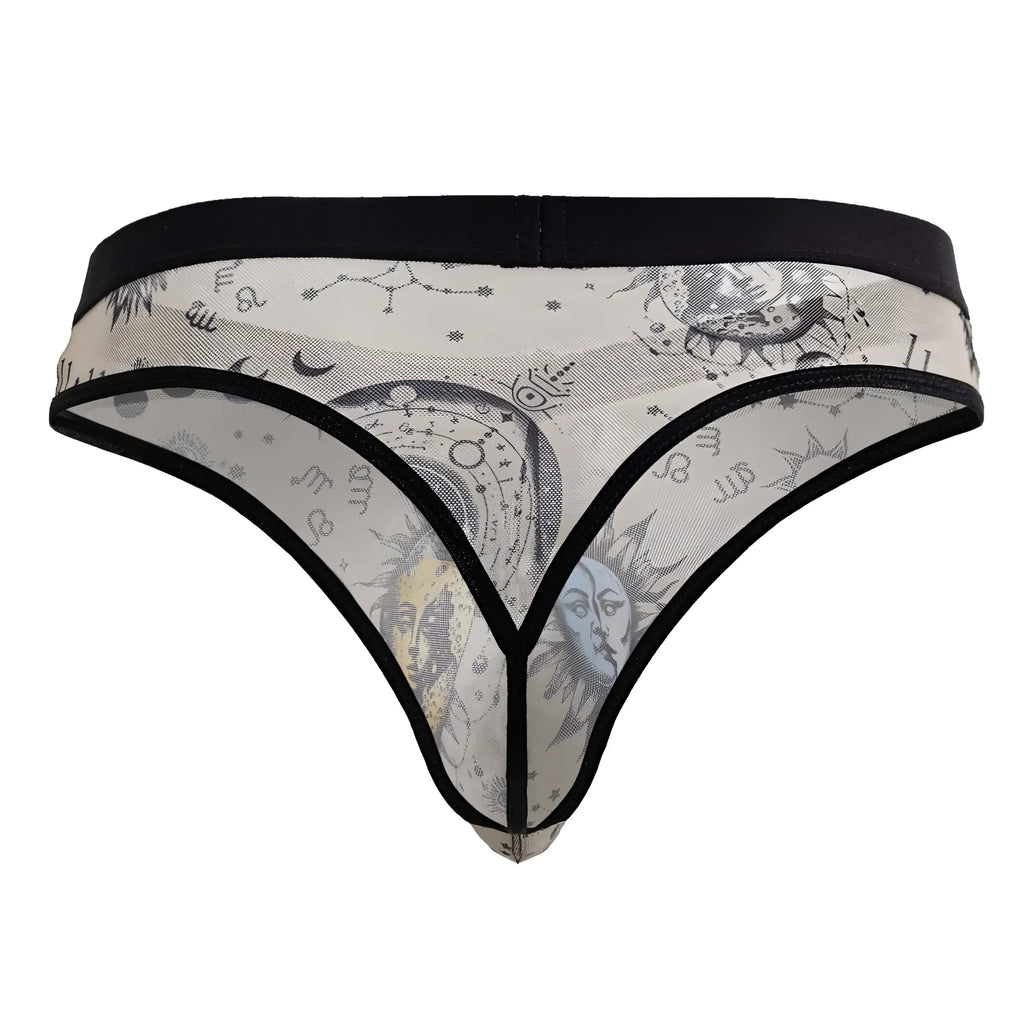 CandyMan 99885 nude-black sheer thong with black trim featuring sun moon faces zodiac symbols and constellations design