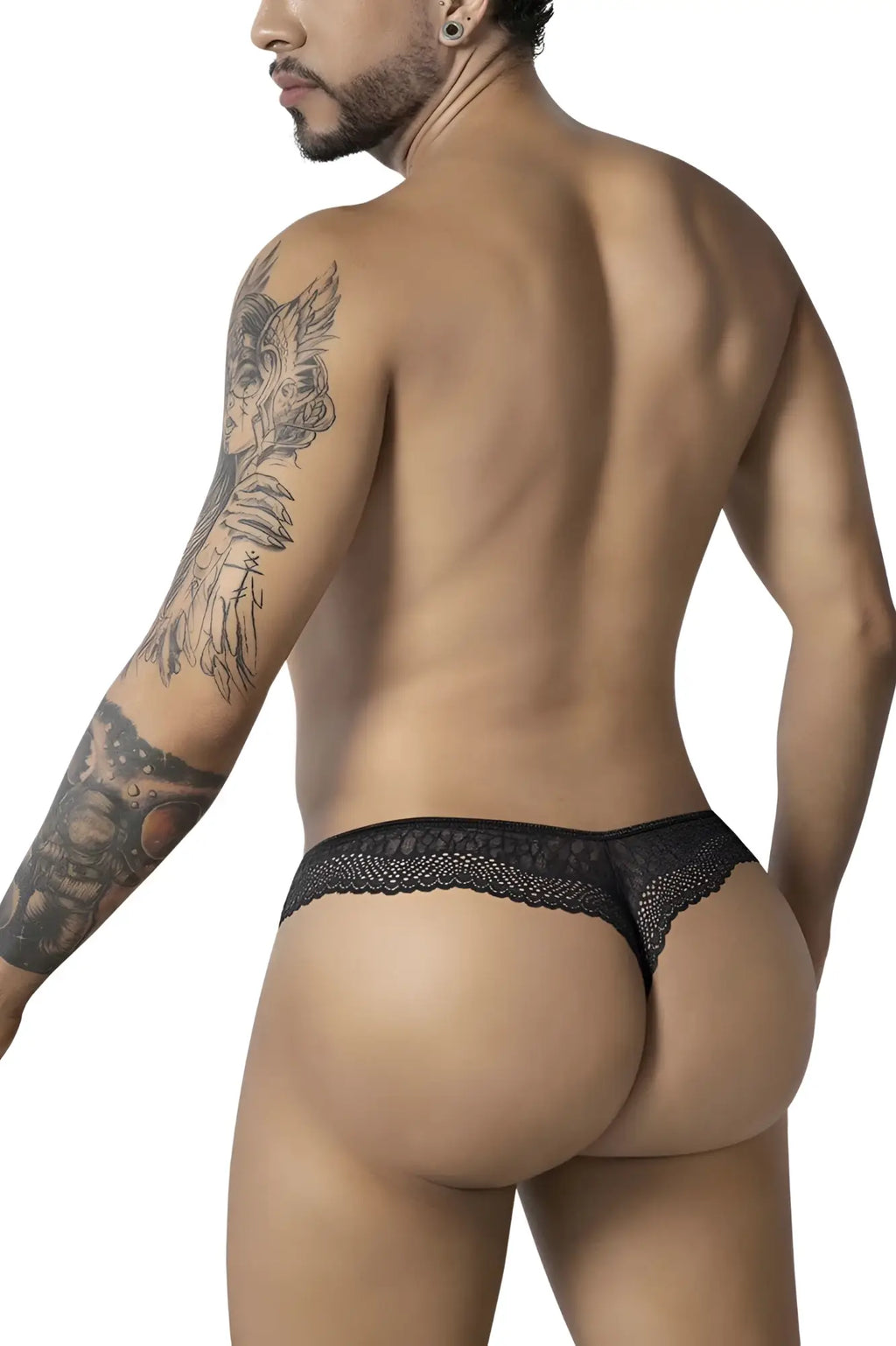 Black lace thong with delicate intricate pattern from candyman 99887 leopard thongs color animal print collection