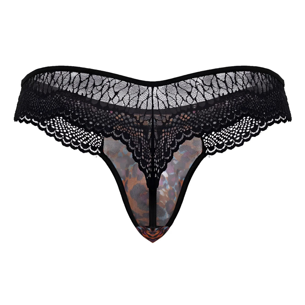 Black lace thong CandyMan 99887 with sheer iridescent floral inner panel and animal print color design