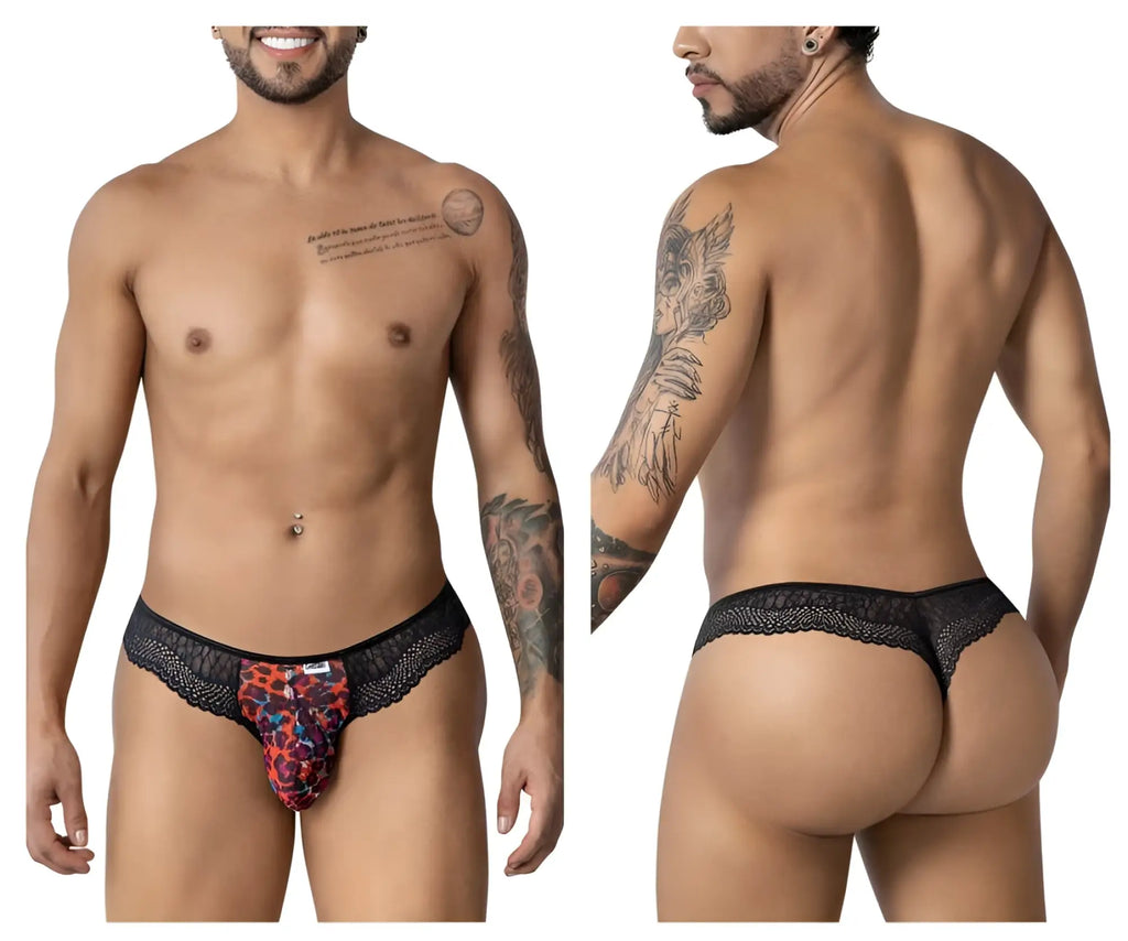 CandyMan 99887 leopard thongs men’s briefs with black lace trim and red orange black leopard print front panel