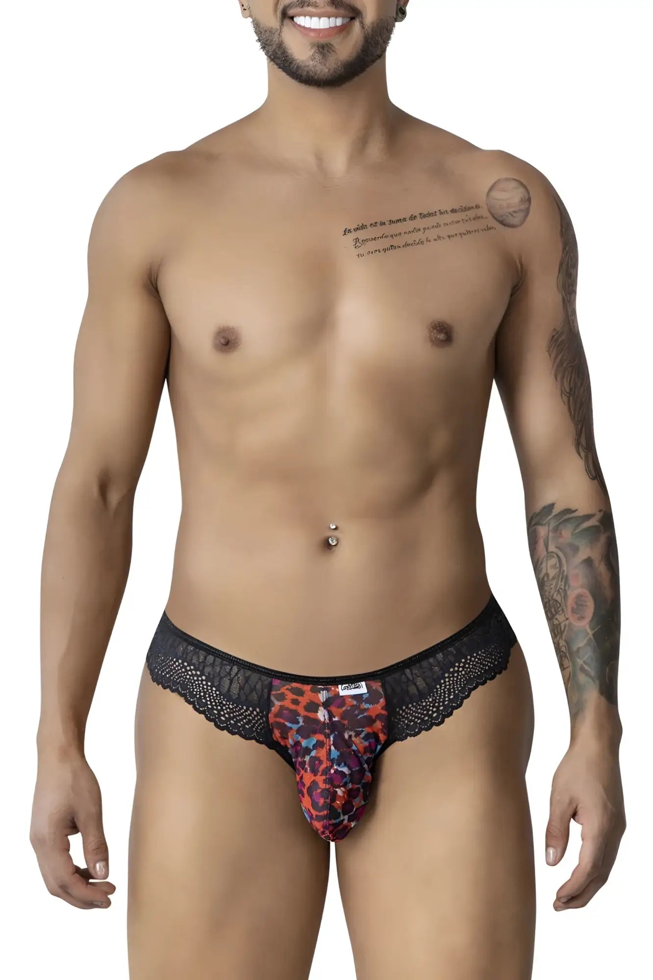 Black lace-trimmed men’s briefs with vibrant red orange and purple leopard print from candyman 99887 animal print series